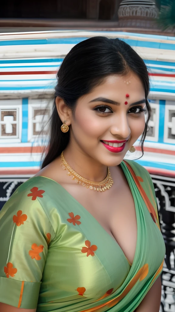 RAW photo, face portrait photo of beautiful 26 y.o woman, cute face, wearing black white sari, happy face, hard shadows, cinematic shot, dramatic lightin, big boobs, long hair, dramatic background, dark pink lips, sexy figure , multi color background, tajmahal background