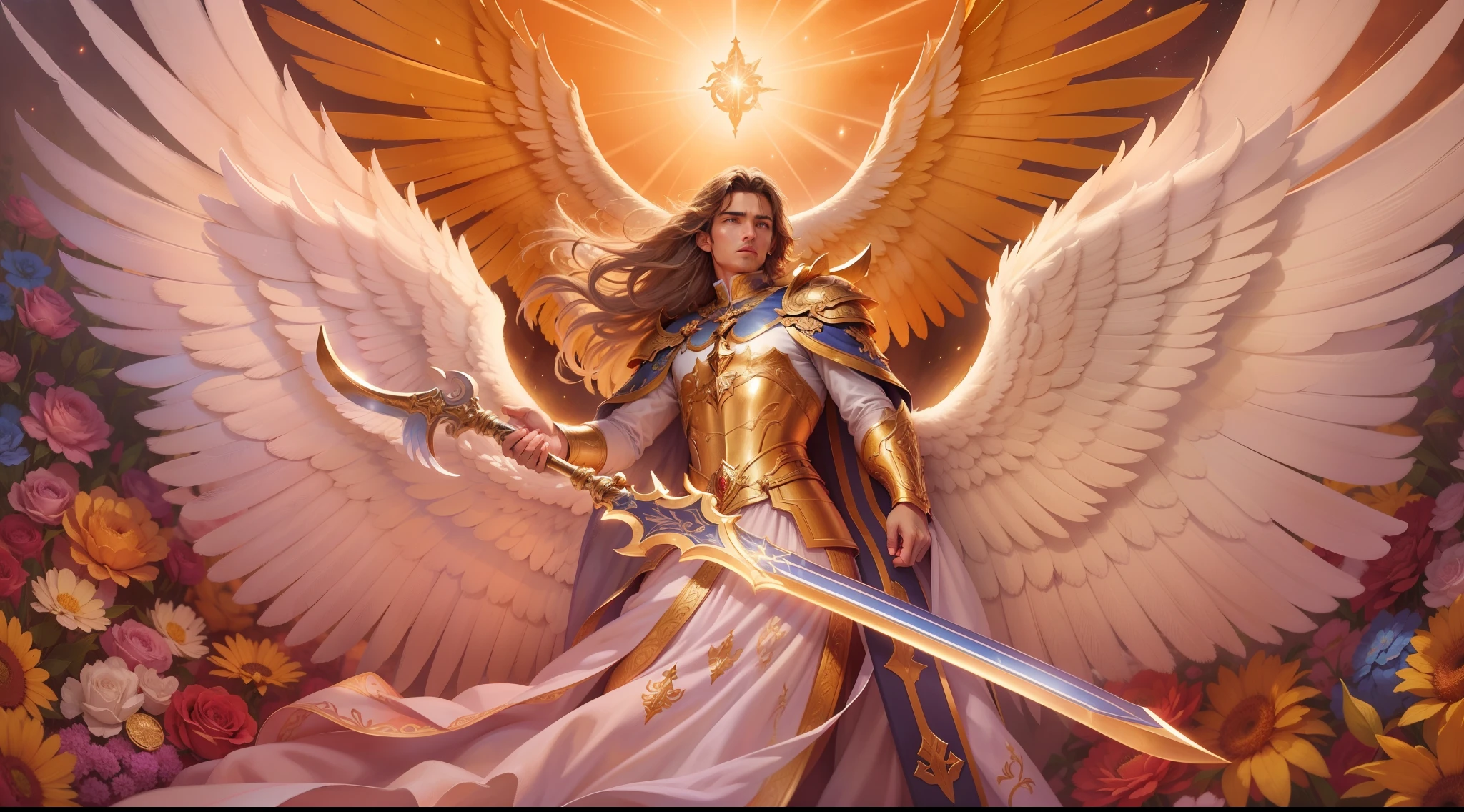 There is a painting of a beautiful angel with large wings in the sky, Anjo majestoso de corpo inteiro, vestido com roupas brancas e vermelhas, biblical accurate angel, Arcanjo Miguel, anjo protegendo em guarda, angel spirit guide, angelic, Arcanjo Miguel, humano alado, epic angel wings, anjo lindo, anjo, being brilliant angelic, angelic, Tema de anjo, Alto Anjo tiro distante, Biblical setting, anjo guerreiro, with a spear in his hand, vestes vermelhas estilo soldado romano, anjo aparentando idade de 40 anos e majestoso, um personagem masculino, o arcanjo Miguel, imagem celestial, detalhes intricados, realista, asas ROSAS e grandes, angelic background, Catholic illustrative image of the archangel Michael, Male character of the Bible, Michael is wearing his angelic armor, cosmic background, Illumination in the Archangel and in the background, imagem do corpo todo do anjo, Maximum detail and his angelic face and wings, pele perfeita realista, Maximum image quality, Miguel ele esta destacado na imagem com cores fortes e chamativas. with a spear in his hand, protetor