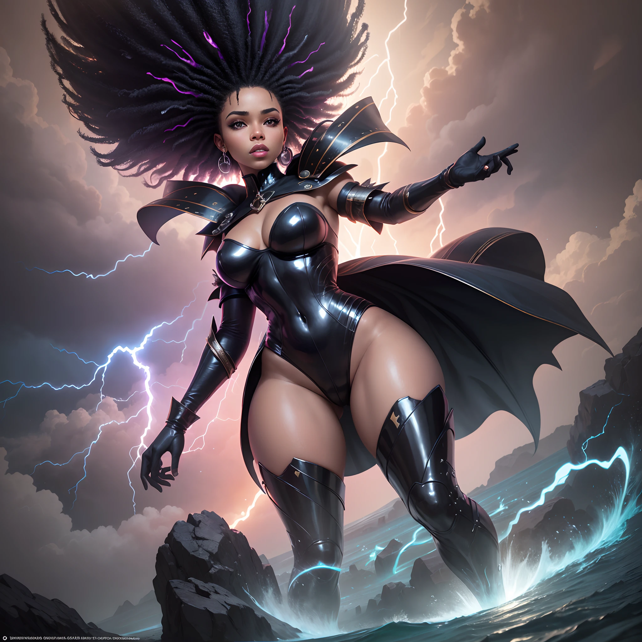 Giant ebony woman a full-body photo of a beautiful black woman floating in the sky among dark clouds with lightning striking around her, Afrofuturista, com luz iridescente, imagens altamente detalhadas, cores vibrantes e bonitas, imagem fotorrealista, 8k, Ultra HD |, motor irreal renderizado, Cinematic lighting, estilo artgerm, MULTIPLAS   FOTOS  COM FOGO  ,AGUA, VENTO, RAIOS,