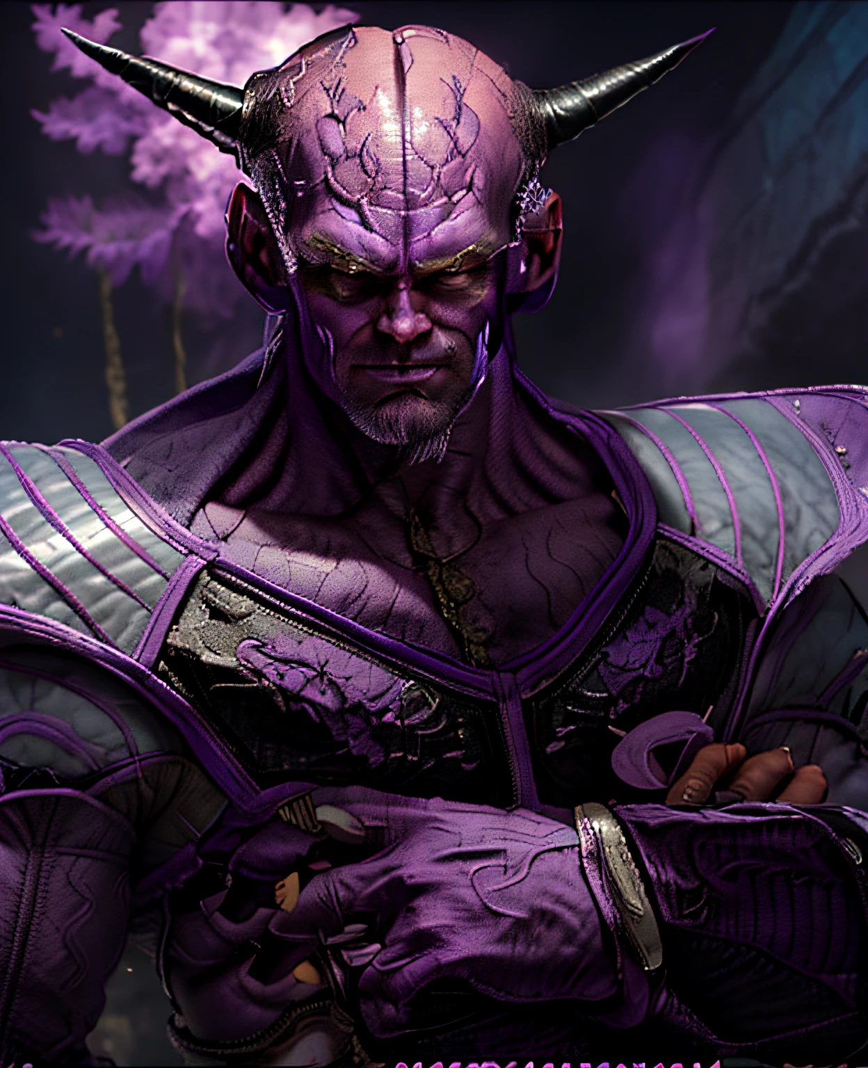 Jim Carrey cast as a purple bald alien with purple skin and big black horns, big bald veiny brain, sayan armor