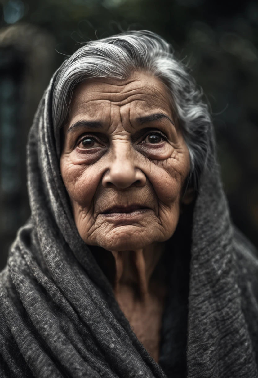 old woman in dark gray shawl with gray hair and strong facial expressions staring into camera lens, dark image background, dark tones --auto