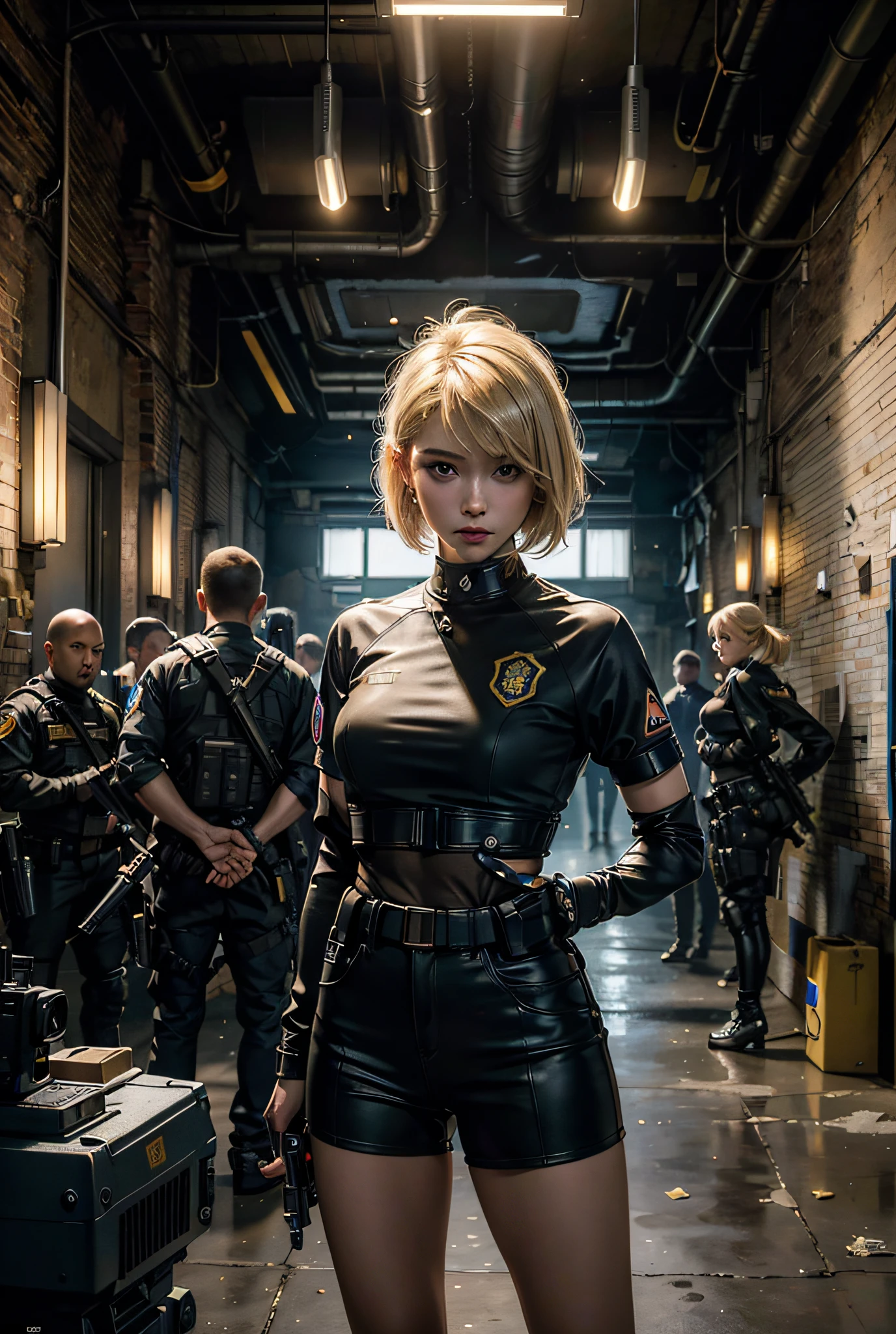 (masterpiece, best quality),1girl ,with Blonde hair,A-line haircut,body, Arms crossed behind the back pose, LED panel lights arranged in square formation to mimic existing indoor fixtures,A dystopian ghetto controlled by local gangs armed with hacked police weapons like EMP blasters and Taser shotguns