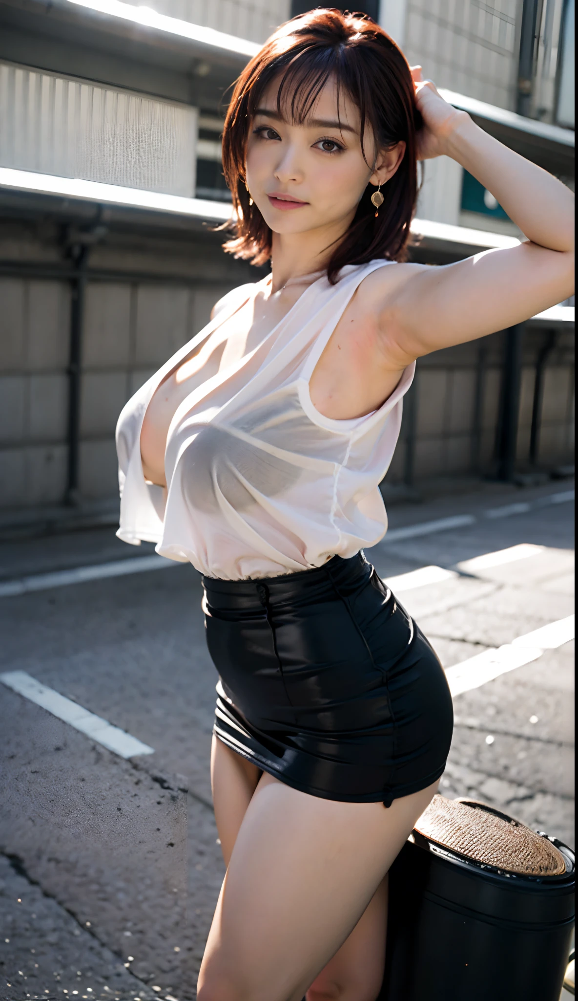 in 8K、超A high resolution、Best Quality、masutepiece (Large breasts、Colossal tits、cleavage of the breast:1.65)(Riders Jacket、Small white t-shirt in tight size、Black enamel tight skirt,with slit:1.4)(Keep a tight white t-shirt inside your skirt、kneehigh boots:1.55)(in a tokyo street:1.3) (Short-haired black hair:1.35)Smiling happily、Big eyes、Distinct double eyelids、Lashes、Highlights in the eyes、Light brown eyes、Pinclip Gloss、piercings、(Open your legs wide to the sides、Beautiful long legs)(Show the armpits、both hands behind head:1.3)