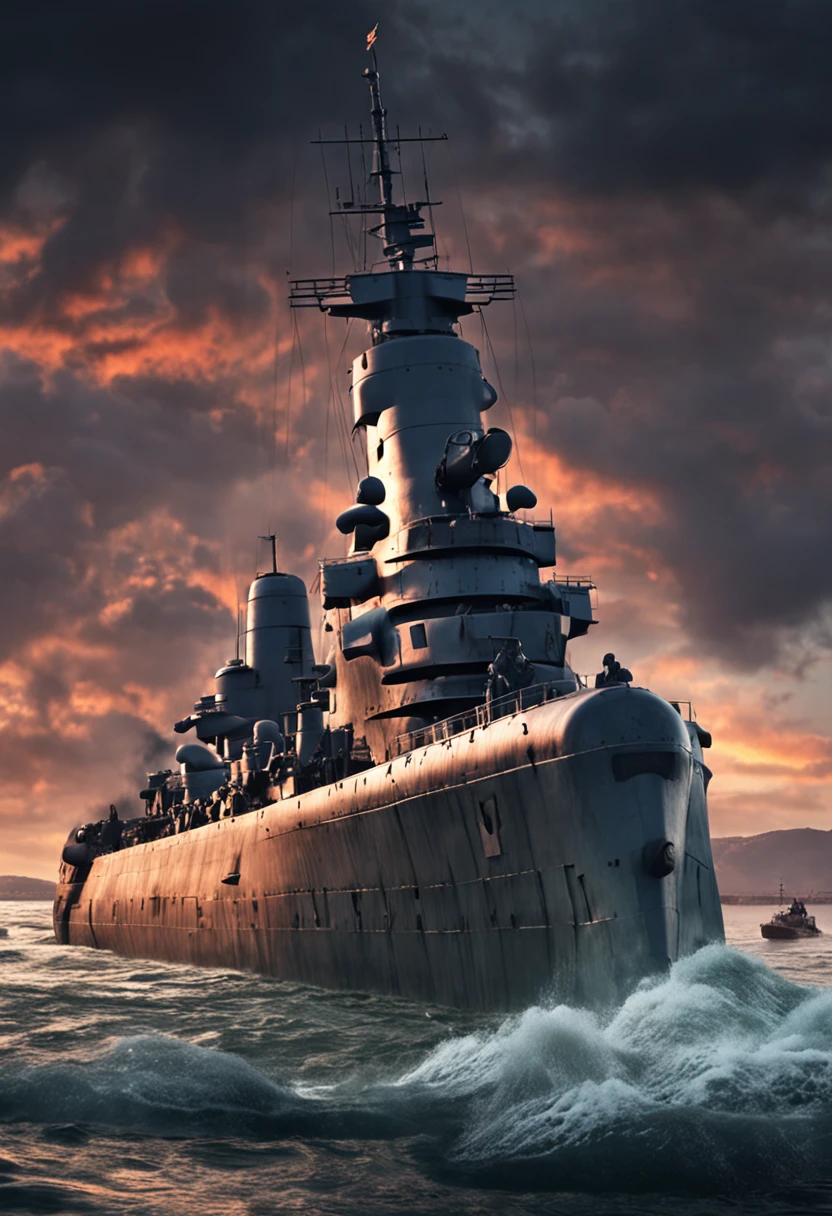 A battleship from the time of World War II sank to the side