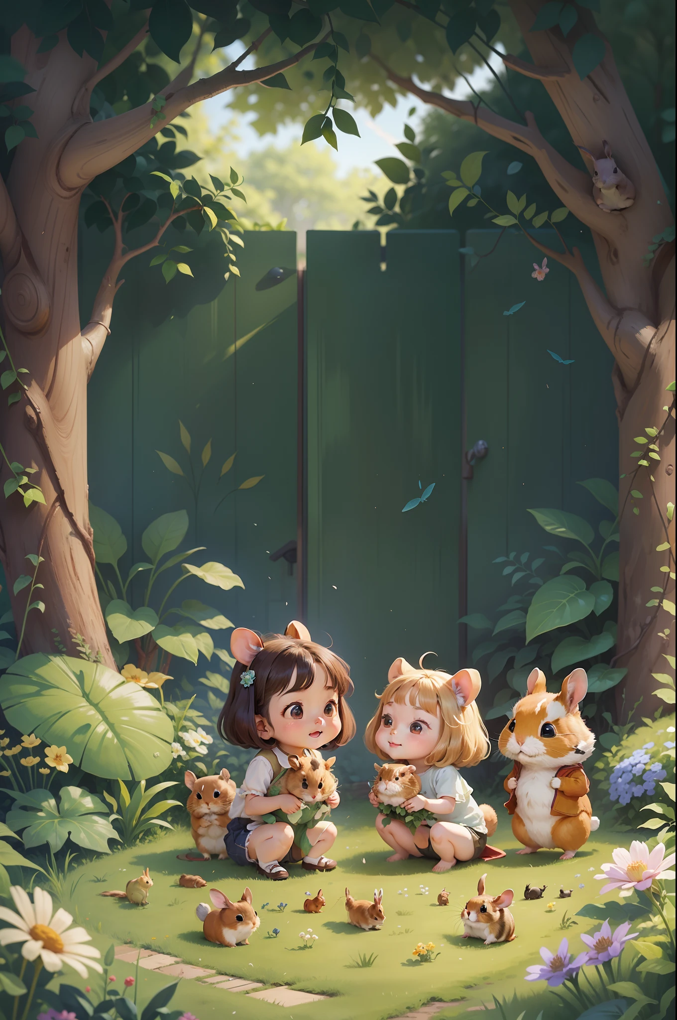 in a beautiful garden，Have a pair of good friends，A small rabbit and a couple of small hamsters。They enjoyed playing and exploring in the garden，Every day was very happy。