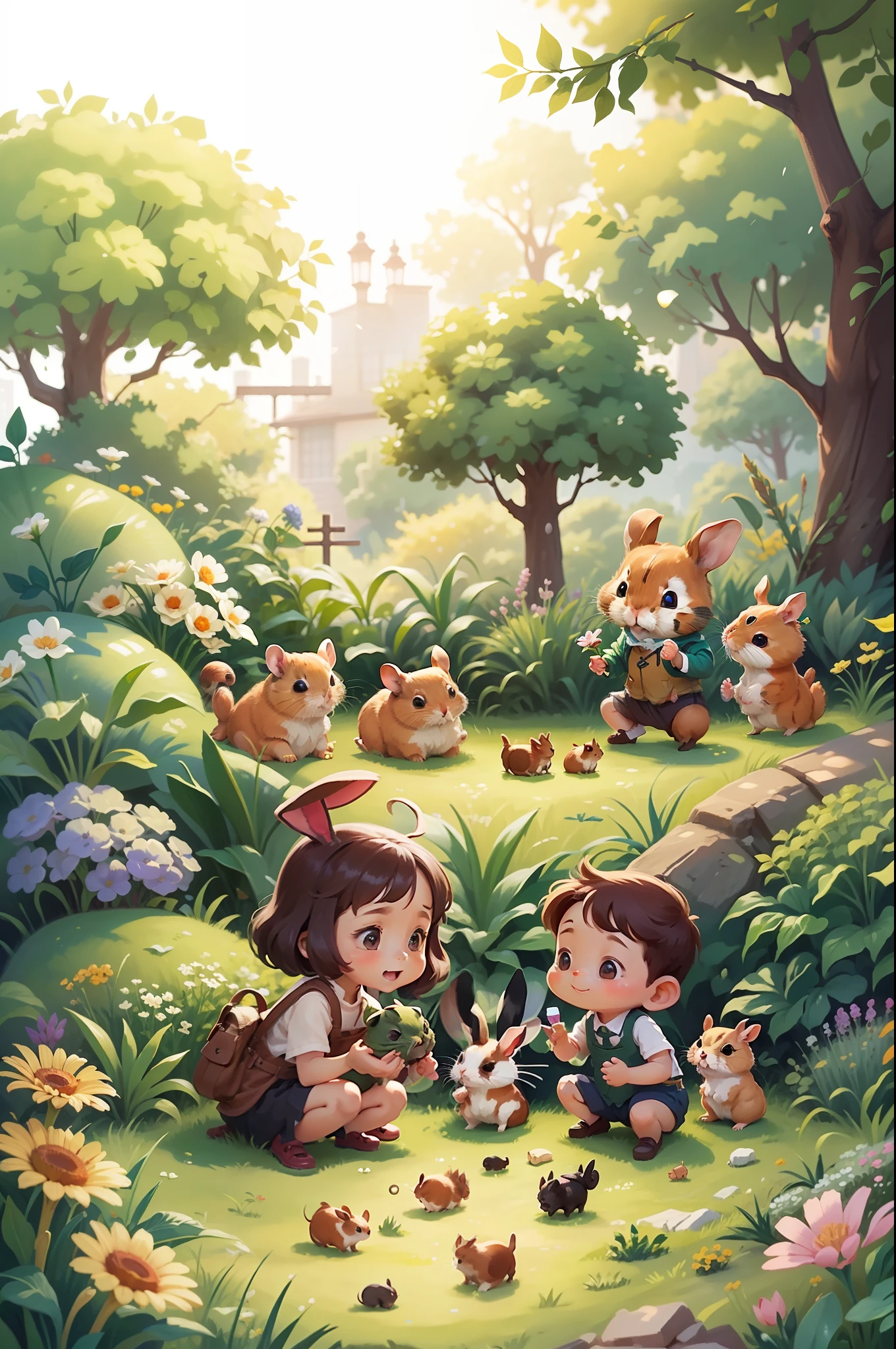 in a beautiful garden,Have a pair of good friends,A small rabbit and a couple of small hamsters。They enjoyed playing and exploring in the garden,Every day was very happy。
