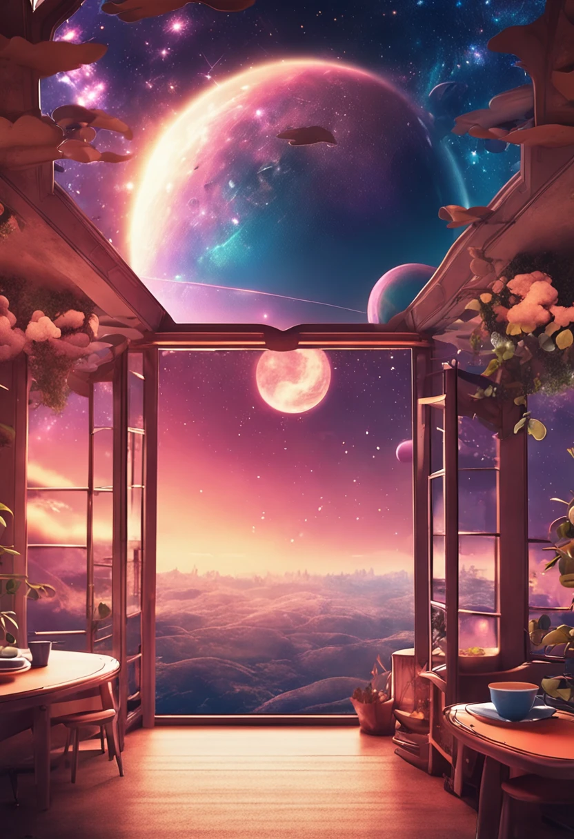 There is a table in the sky,fairy tale style background , Sky planet in the background, Glowing sky skyscape, futuristic room background, interior background art, cafe in the clouds, bedroom background, anime backgrounds