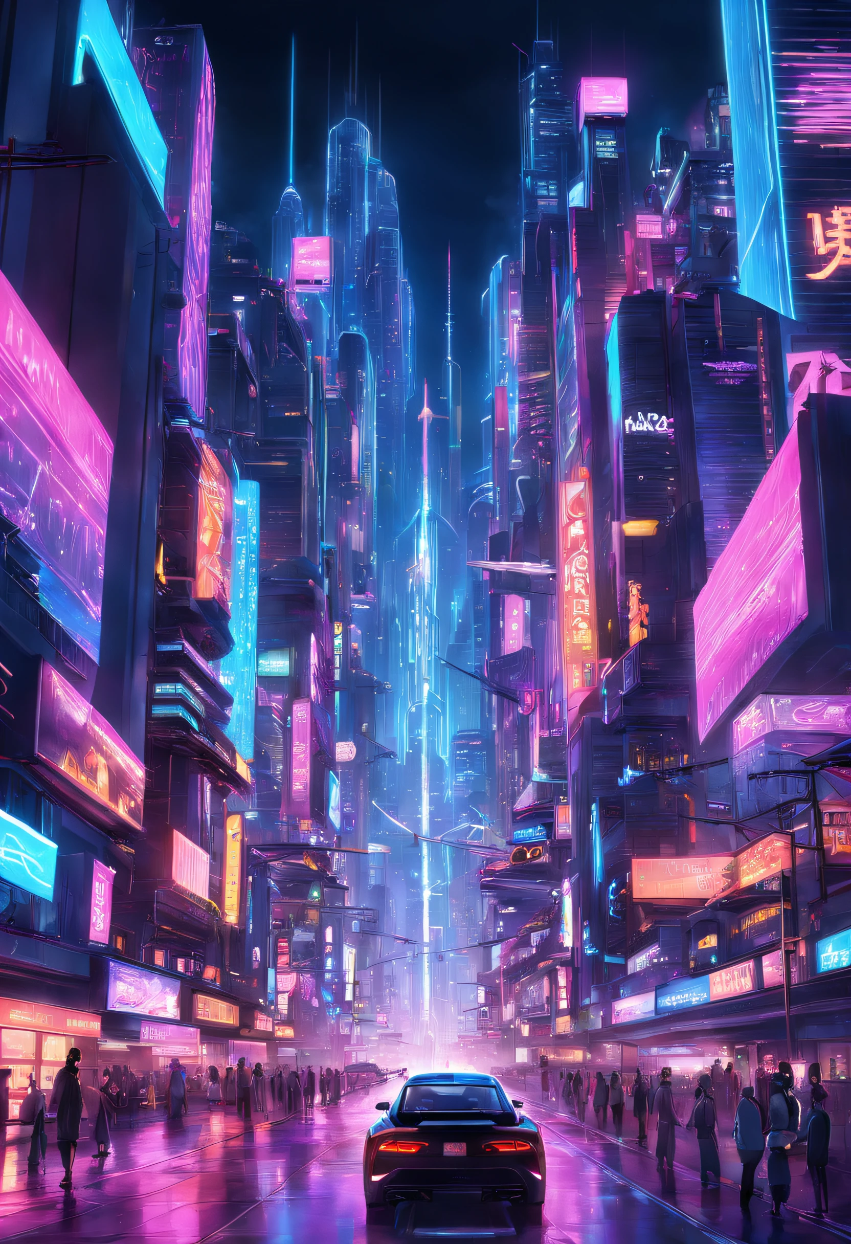 "Create a vivid depiction of 'Cybecity,' a futuristic urban landscape defined by neon-lit skyscrapers, holographic billboards, and bustling streets. Imagine a city where technology and vibrant colors merge to form a dazzling visual spectacle. Capture the essence of a bustling metropolis that thrives on innovation, with its streets alive with the hum of vehicles, the glow of neon, and the energy of progress."