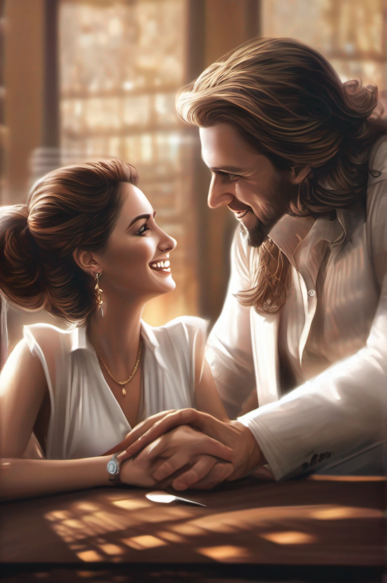 man and woman, facing each other, smiling, office setting, sitting at a table, in meeting, (Photorealistic:1.3), (High Quality:1.25), (Realistic Style:1.2), (Positive Atmosphere:1.05)