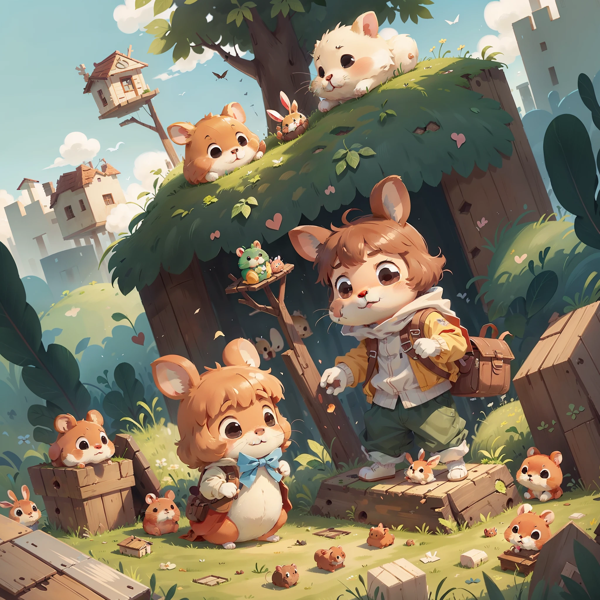 One day,The little rabbit had some difficulties,His home was blown down by the wind,He didn't know what to do。The little hamsters saw his predicament,They decided to help him build a new home。