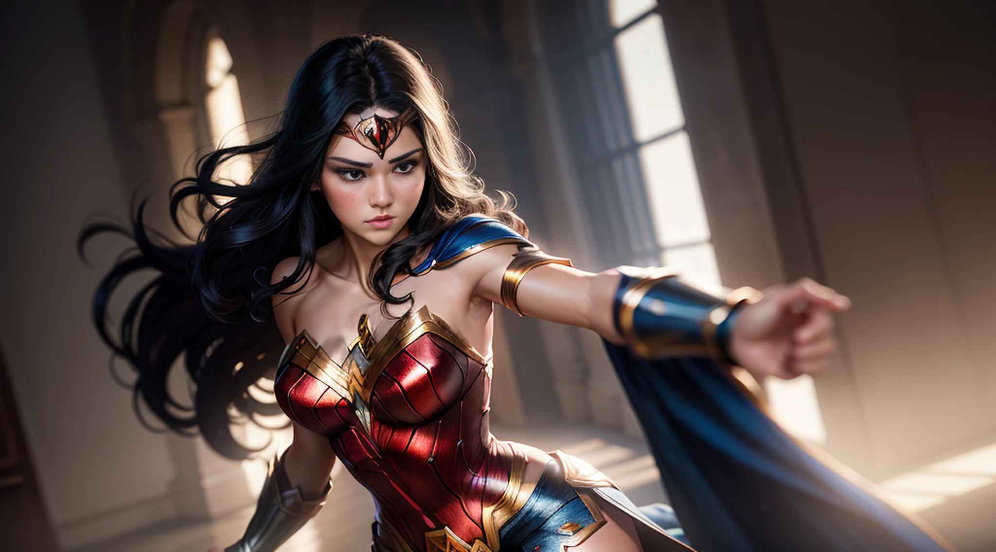 Beautiful woman, blue eyes,jim lee, wonder woman, 1girl, armband, black hair, brown eyes, circlet, lasso of truth, long hair, ((masterpiece)) Wonder Woman, Flying, Lasso of Truth, Uniform, Wonder Woman Costume, Cinematic, Photoshoot, Shot on 25mm lens, depth of field, tilt blur,
1/1000 shutter speed, f/22, white balance, 32k, super res, Pro Photo RGB, Half Backlight, Backlight, Dramatic Lighting, Incandescent, Soft Lighting,
Volumetric, Conte-Jour, Global Illumination, Screen Space Global Illumination, Scattering, Shadows, Rough, Shimmering, Lumen Reflections,
Screen Space Reflections, Diffraction Grading, Chromatic Aberration, GB Offset, Scanlines, Ambient Occlusion, Anti-aliasing, FKAA, TXAA, RTX,
SSAO, OpenGL-Shader's, Post-processing, Post Production, Cell Shading, Tone Mapping, CGI, VFX, SFX, insanely detailed and intricate, hyper maximalist,
elegant, dynamic pose, photography, volumetric, ultra-detailed, intricate details, super-detailed, jim leeambient –uplight –v 4 –q 2