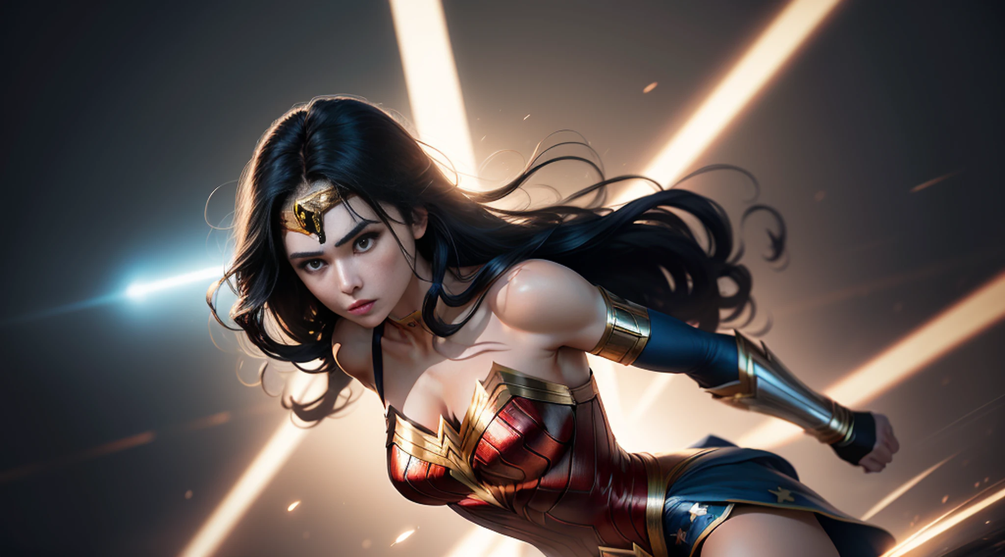 Beautiful woman, blue eyes,jim lee, wonder woman, 1girl, armband, black hair, brown eyes, circlet, lasso of truth, long hair, ((masterpiece)) Wonder Woman, Flying, Lasso of Truth, Uniform, Wonder Woman Costume, Cinematic, Photoshoot, Shot on 25mm lens, depth of field, tilt blur,
1/1000 shutter speed, f/22, white balance, 32k, super res, Pro Photo RGB, Half Backlight, Backlight, Dramatic Lighting, Incandescent, Soft Lighting,
Volumetric, Conte-Jour, Global Illumination, Screen Space Global Illumination, Scattering, Shadows, Rough, Shimmering, Lumen Reflections,
Screen Space Reflections, Diffraction Grading, Chromatic Aberration, GB Offset, Scanlines, Ambient Occlusion, Anti-aliasing, FKAA, TXAA, RTX,
SSAO, OpenGL-Shader's, Post-processing, Post Production, Cell Shading, Tone Mapping, CGI, VFX, SFX, insanely detailed and intricate, hyper maximalist,
elegant, dynamic pose, photography, volumetric, ultra-detailed, intricate details, super-detailed, jim leeambient –uplight –v 4 –q 2