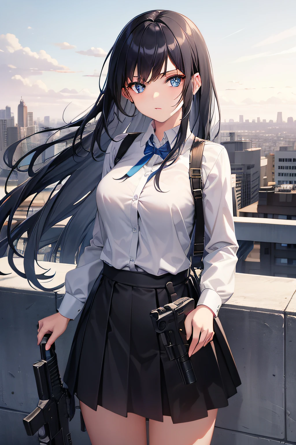 1girl in, Black hair, Long hair, gun, Blue eyes, With the city in the background