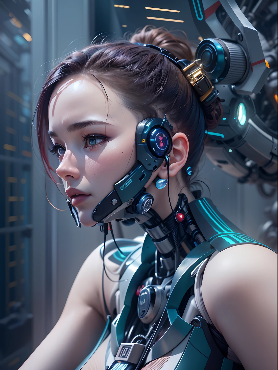 (masutepiece, humanoide robot:1.3), (Captivating depiction of a robot in the form of a human adult woman:1.2), Curvaceous(Meticulously crafted to showcase the fusion of technology and aesthetics:1.2), Titanium frame in dark blue metallic color, including face covers the whole body、 (Human-like head with a perfectly symmetrical face:1.1),  (Imitation of Space Cobra's Armaloid Lady), (A spotlight that highlights the complexity of its machines and the beauty of their design:1.1),  (A sense of wonder and innovation represented by the creation of robots:1.1), (Images that inspire reflection on the future of human-machine interaction:1.1), (Precision meets aesthetics、 ultra-detailliert, Insane details, Feminine curvaceous beauty、degrees of freedom, Hyper-Resolution, Megapixel, cinematic lightening, insanely detailed and intricat, Hyper maximalist, Hyper realistic,  Realistic,