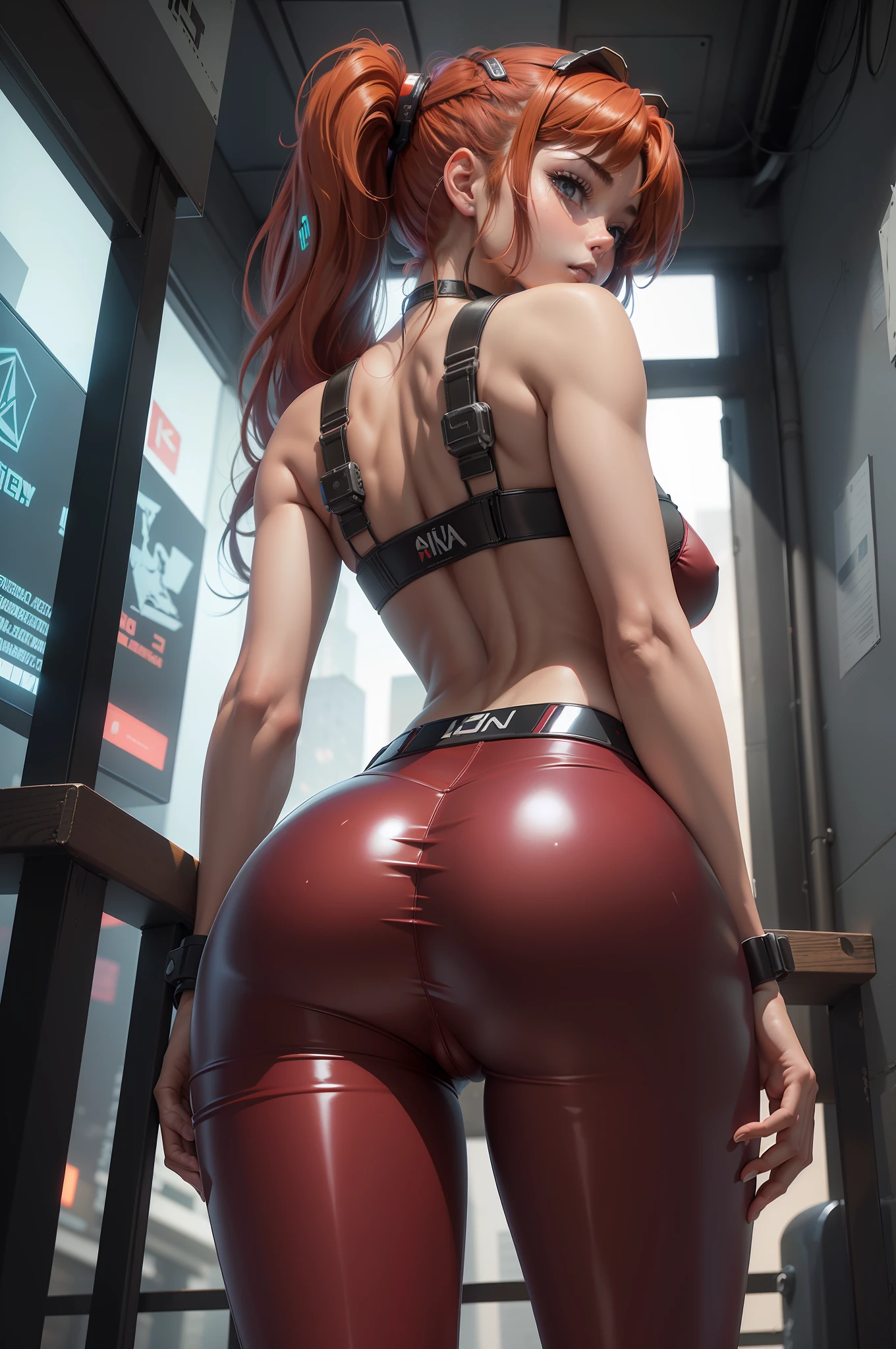 ((Asuka Langley Shikinami)), ((pantalones de vinilo rojo brillante)), (((pantalones metidos por el))),(), We see it from behind, Uso de un walkman, agachada apoyando sus brazos en una barandilla de un edificio cyberpunk, Ambiente cyberpunk, Vemos su de cerca, ((perfecto)), delgado, small ass, Ella abre su, ((Pelo rojo)), Pelo en coletas, ojos azul claro, ((La mejor calidad)), ((Obra maestra)), ( Altamente detallado:1.3), .......................3D, splendid , (cyberpunk:1.3), (( perfecto)) ((vista)) (((Very small pantyhouse))), vida real, HDR (High Dymanic Range), Trazado de rayos, NVIDIA RTX, Super resolution, Irreal 5, Subsoil Scatter, Texturas PBR, Procesamiento posterior, Anisotropic filtering, Profundidad de campo, Alta nitidez y nitidez, Texturas multicapa, Mapeo de albedo y especular, Sombreado de superficies, Accurate simulation of light-material interactions, proporciones perfectas, Renderizado de octanaje, duotone lighting, ISO bajo, balance de blancos, Gobernante de tercios, Amplia apertura, 8K RAW, high-efficiency subpixels, sub-pixel convolution, glow particles,