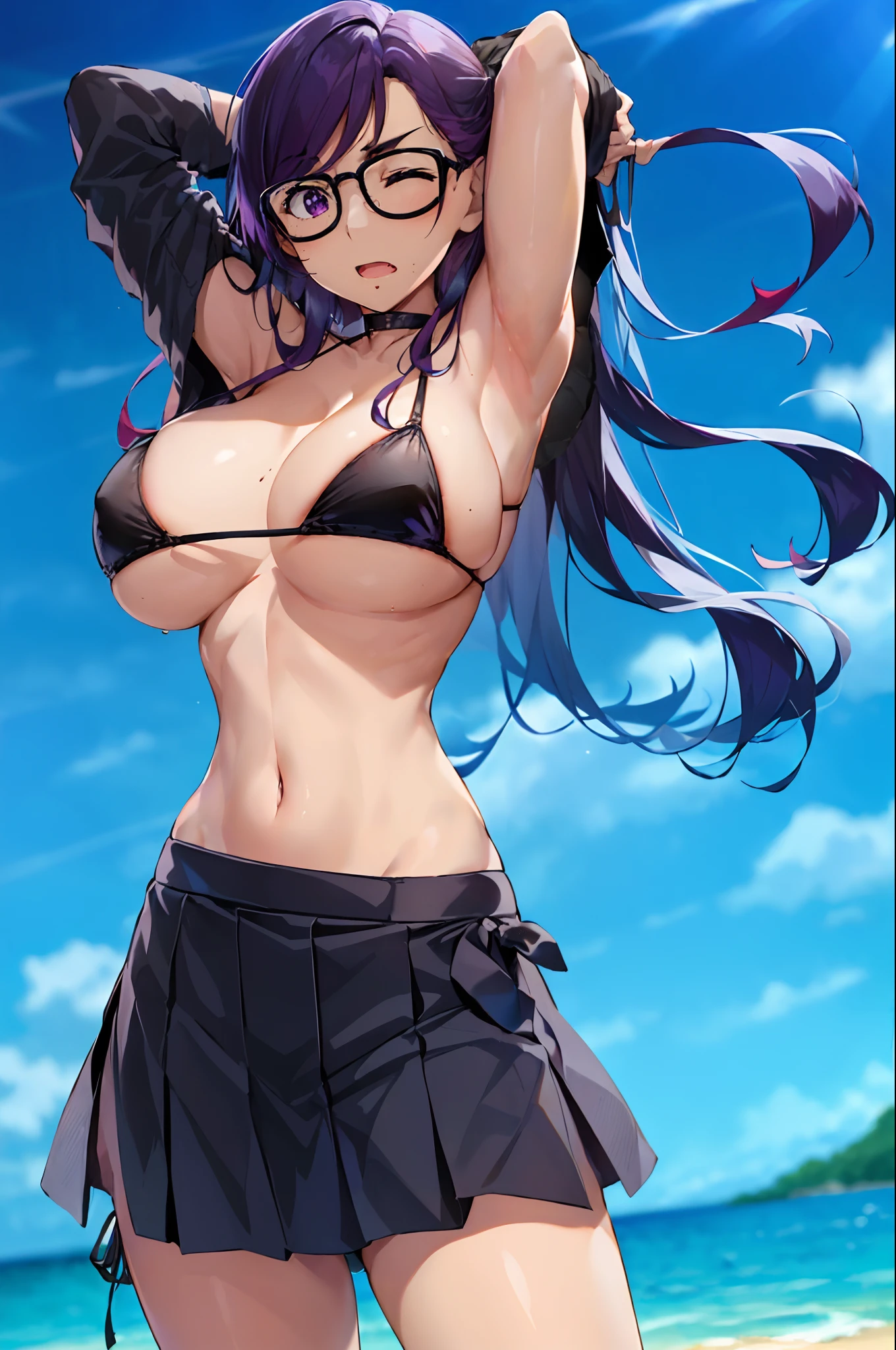minakatahizuru, black-framed eyewear, solo, bangs, open mouth, very long hair, straight hair, arms up, one eye closed, (masterpiece:1.6, best quality), (finely detailed beautiful eyes: 1.2), (masterpiece), (best quality), (shiny hair), (shiny skin), (shiny skin), solo, twin tail hair, large breast, big boobs, boob curtain, under boobs, ((upper body)), (micro bikini), presenting armpit, bare shoulder, collar bone, (mole armpit), arm up, beach, selfie, cowboy shot, straightened, arms behind head, hands behind head, arms raised, hands in pockets, standing, ((detachable sleeves), (randoseru)), (side boobs), (bikini)