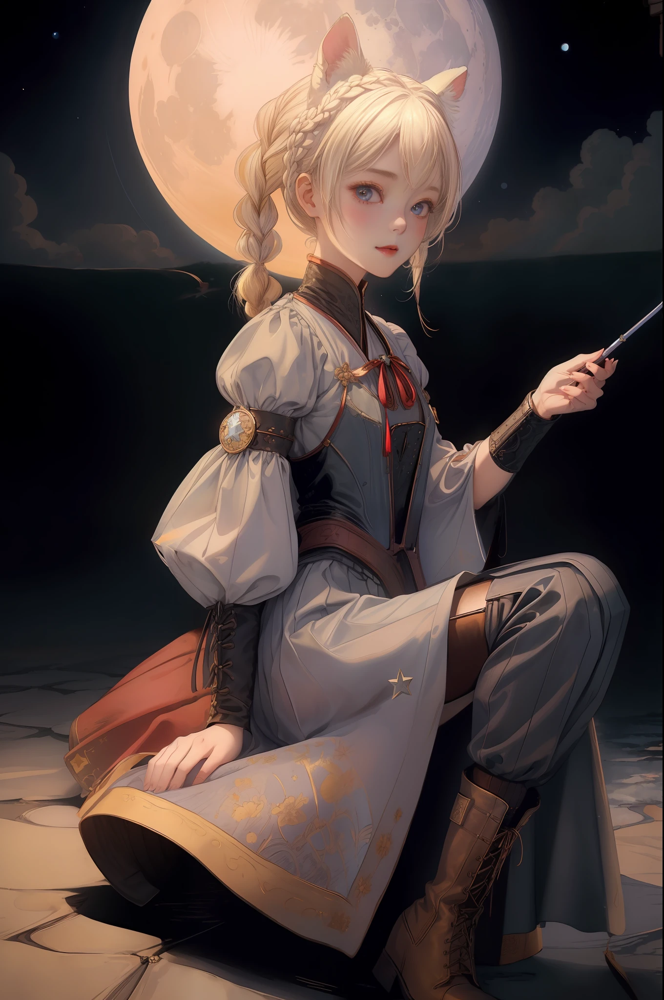 Top image quality、​masterpiece、Norman Rockwell's style、夏天、Lunar surface、Nordic beautiful girl、spaces 、Star 3D、The iris is blue、Smirking expression、Pretty small face、Light makeup、Two cat ears on the head、platinum-blonde-hair、two braids、tiny chest、Big buttocks、Sit facing the buttocks、Full body like、She holds a magic wand in her right hand、 Long sleeve blouse、long  skirt、Leather boots、Stuffed rabbit on background、Outside the window is a big moon、streetlights、thirds rule、Ultra-wide low-angle