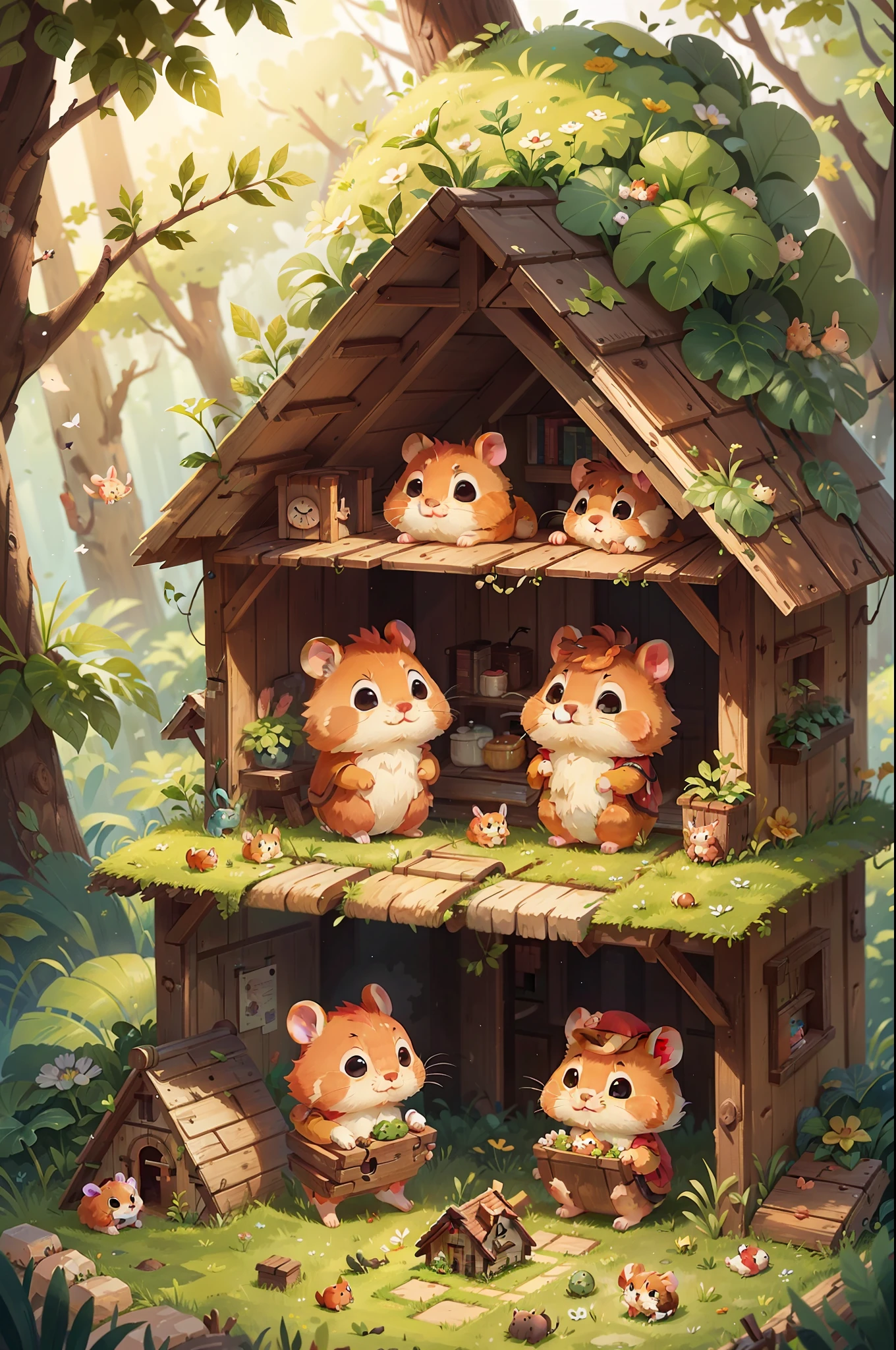 The little hamsters saw his predicament，They decided to help him build a new home。Together they collect wood and grass，Built a warm and comfortable home，The little bunny is very grateful for their help。