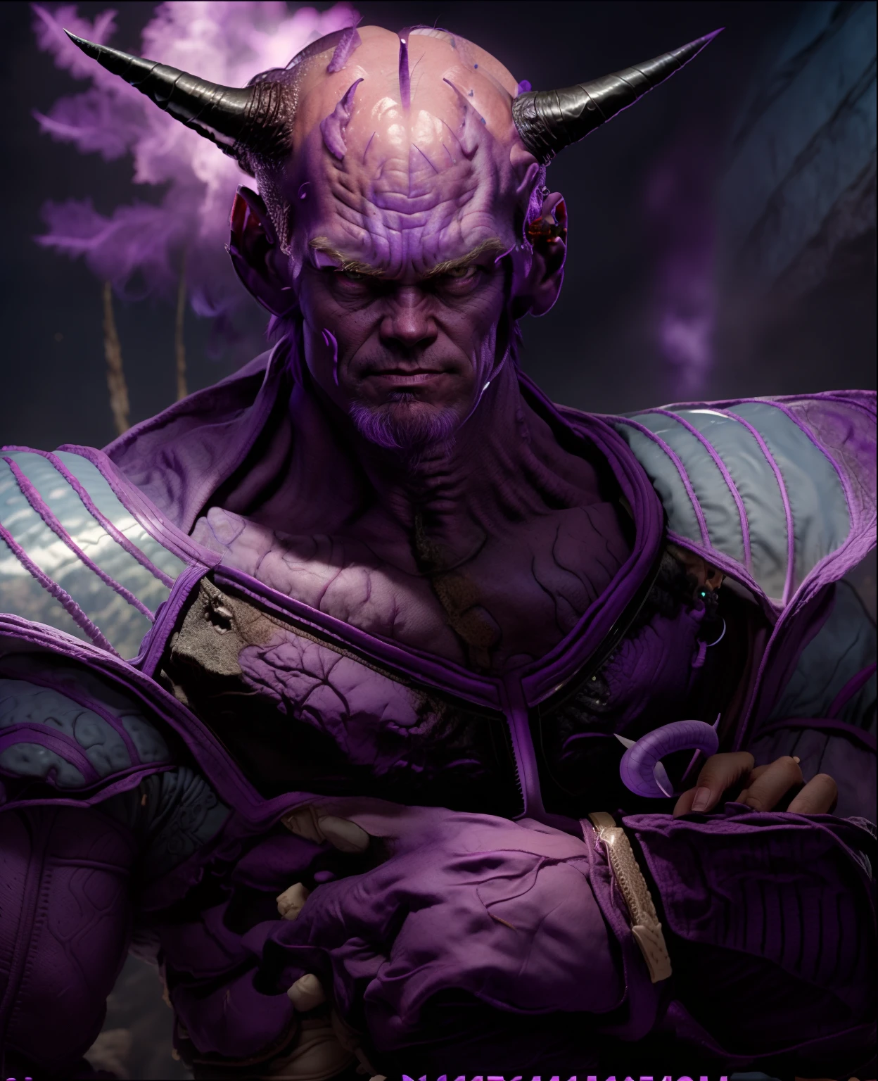 Jim Carrey cast as a purple bald alien with purple skin and big black horns, big bald veiny brain, sayan armor