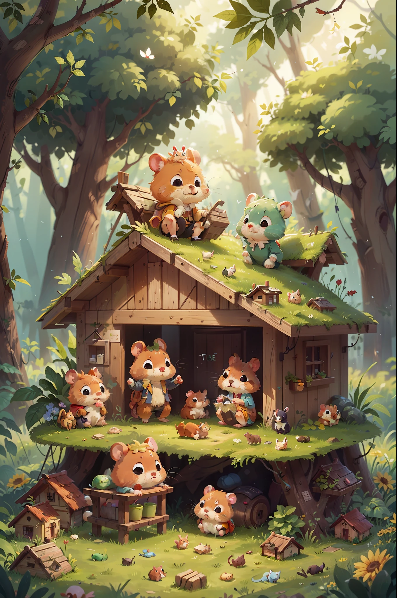 The little hamsters saw his predicament,They decided to help him build a new home。Together they collect wood and grass,Built a warm and comfortable home,The little bunny is very grateful for their help。
