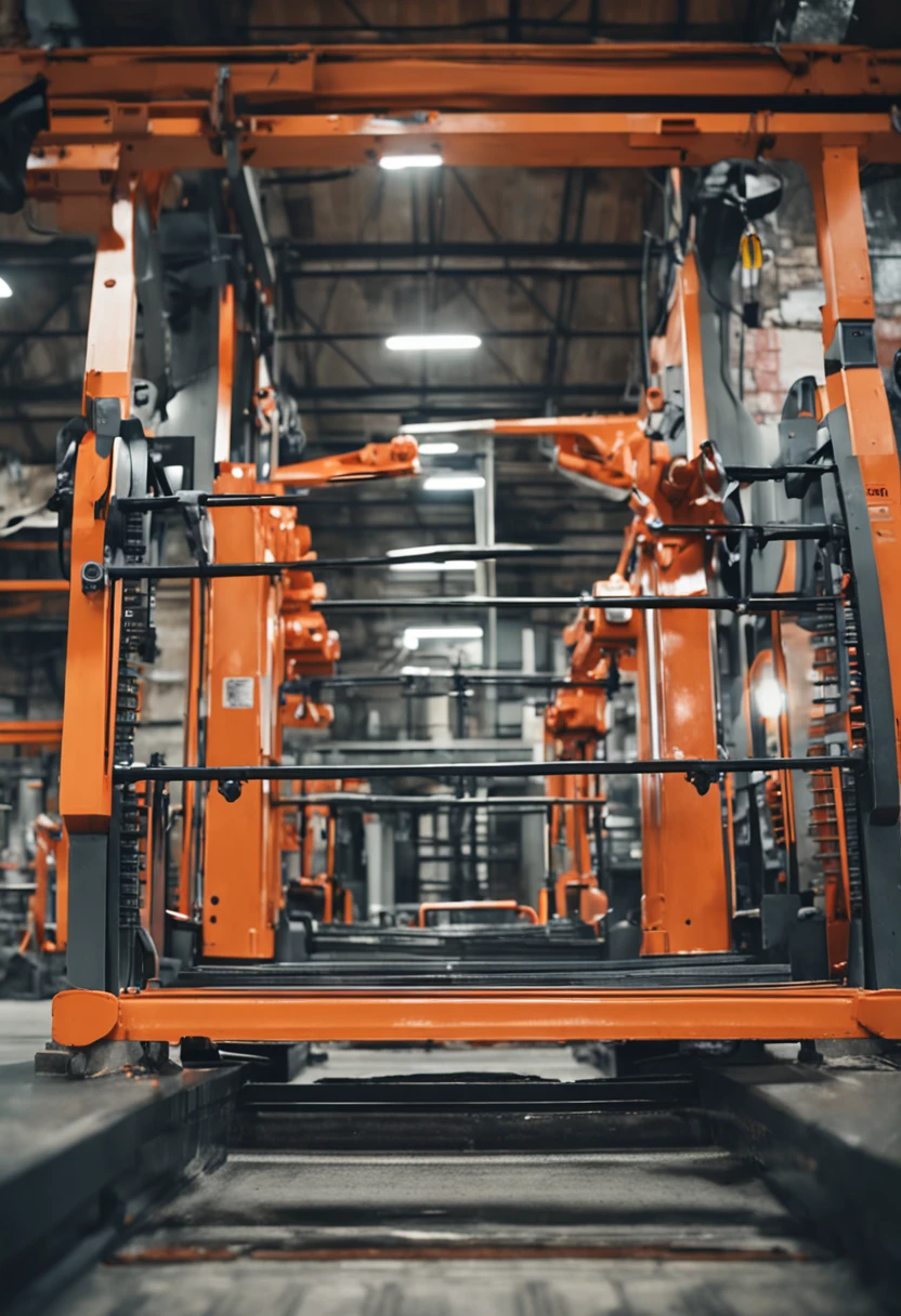 I need to create an image showing an analogy with the following conditions: background with industrial references where in front there is a bench with four feet where each foot is represented by a pillar of the process, utilidades, equipamentos, Tooling and raw material. On top of this supposed bench is a character standing, This represents a machine operator with the ultimate goal of changing the lamp. When all feet are in balance the operator does not need much agility to stand and change the lamp, But when there is an imbalance of one or more feet this character needs some kind of agility to keep up and foot, How many feet are shortened, showing the deficiency of the respective processes, the end goal becomes impossible;.