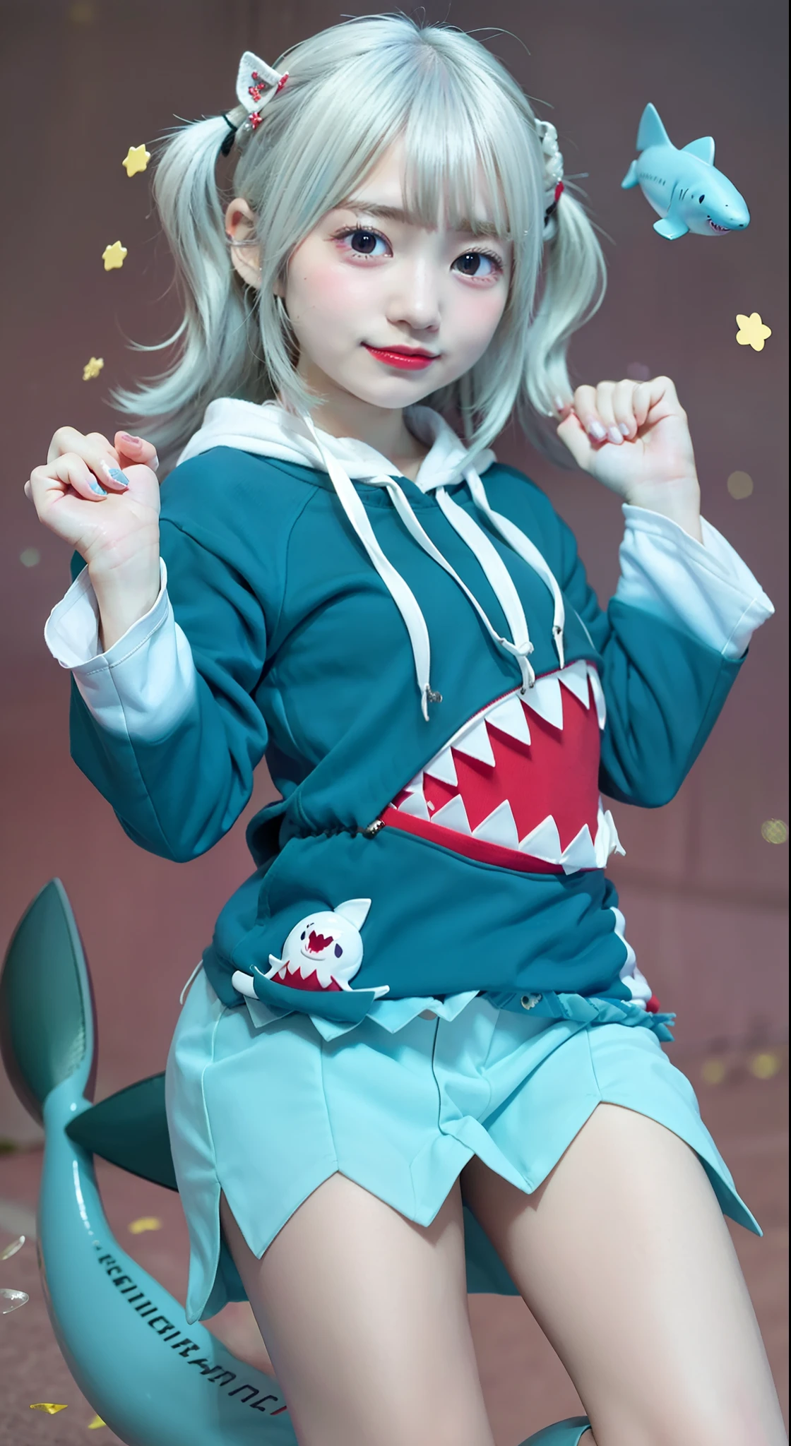 ​masterpiece, top-quality, animesque, ighly detailed, full body Esbian, 1girl in, 独奏, Bocchi_Hoodie, Blue Hoodie, two side up, shark hair ornament, sharpteeth, :D, Shark tail, bare-legged, japanes、teens girl、cute little、a picture