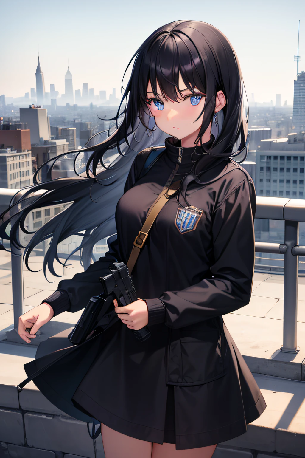 1girl in, Black hair, Long hair, gun, Blue eyes, With the city in the background