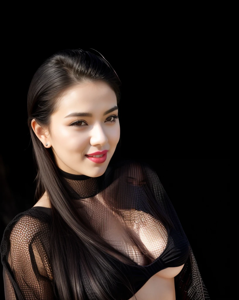 Beach background, RAW photo, face portrait photo of beautiful 26 y.o woman, cute face, wearing black white top, happy face, hard shadows, cinematic shot, dramatic lightin, big boobs, long hair, dramatic background, dark pink lips, sexy figure,