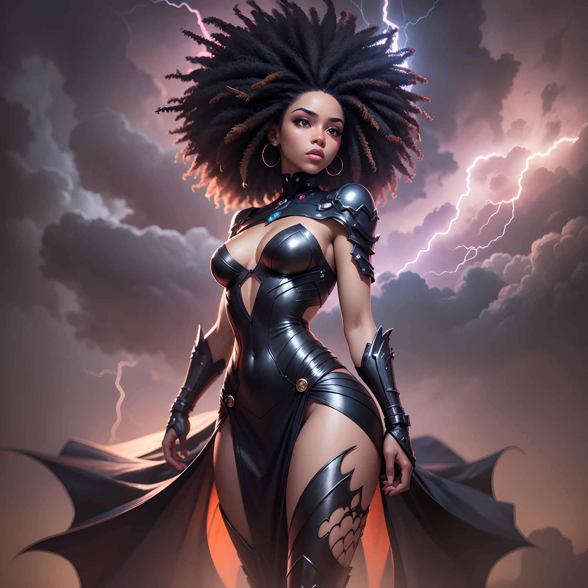 a full-body photo of a beautiful black woman floating in the sky among dark clouds with lightning striking around her, Afrofuturista, com luz iridescente, imagens altamente detalhadas, cores vibrantes e bonitas, imagem fotorrealista, 8k, Ultra HD |, motor irreal renderizado, Cinematic lighting, estilo artgerm,