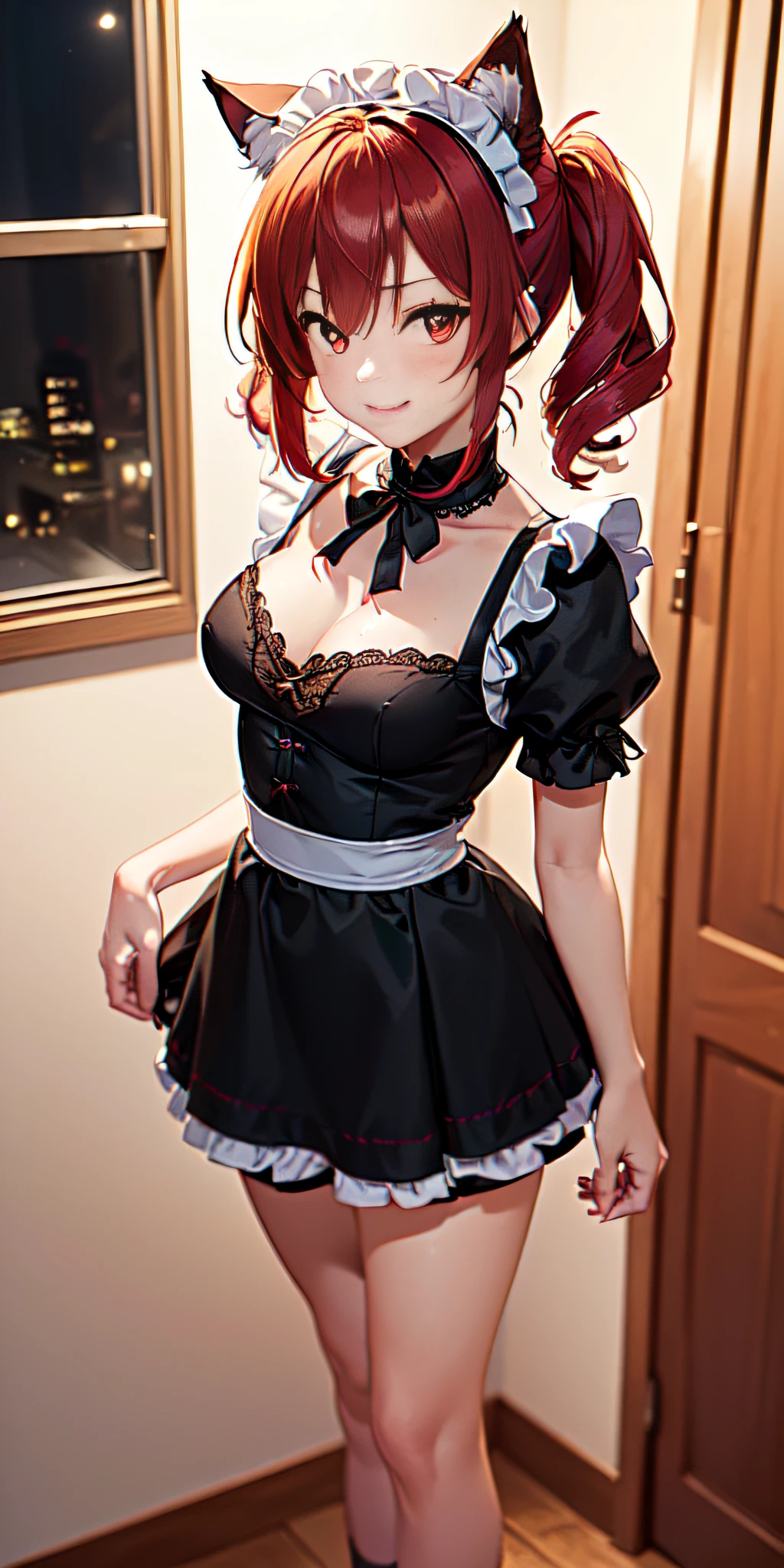 (((Filled anime,Two-dimensional illustration, (red hair with half twin tail), (3/4 eyes), a smile, an 18-year-old girl, cute symmetrical face, black cat ears, red eyes, (Clothes with ruffles, Black lace clothing), Inside Color Green, A girl, full body, A masterpiece of 2D art, (masterpiece,Top image quality:1.3),(Details:1.2),(1 girl in), Totally black maid clothes, dark night)))