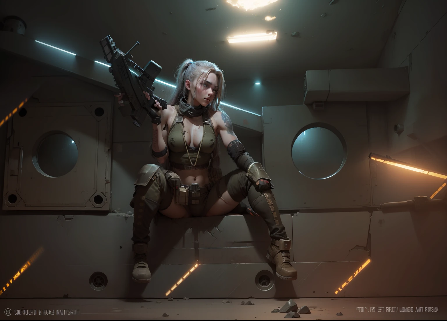 space girl after the battle, cocky, finger on trigger of gun, ready to move, dirty grimy, overhead glow lighting, side light, 24k resolution tight barbarian woman in space clothes, camouflage, hyperdetailed, abandoned room background setting on battlefield mars.