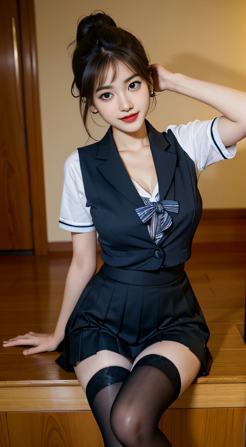 Korean school uniform, summer school uniform shirt, Ribbon Ties, short skirts, school classroom, school stairs, chest thrusting pose, 8K RAW photo, high resolucion, Cool 19 year old Korean, very big round chest, cleavage, beautiful eyes in detail, long eyeslashes, slender eyes, elongated eye shape, sanpaku eyes, malevolent grin, Evil Expression, beautiful and very thin legs, beautiful and very thin thighs, Striped stockings,curlies,Large wavy hair, hair tied behind the head, Earrings, ((A BUN))