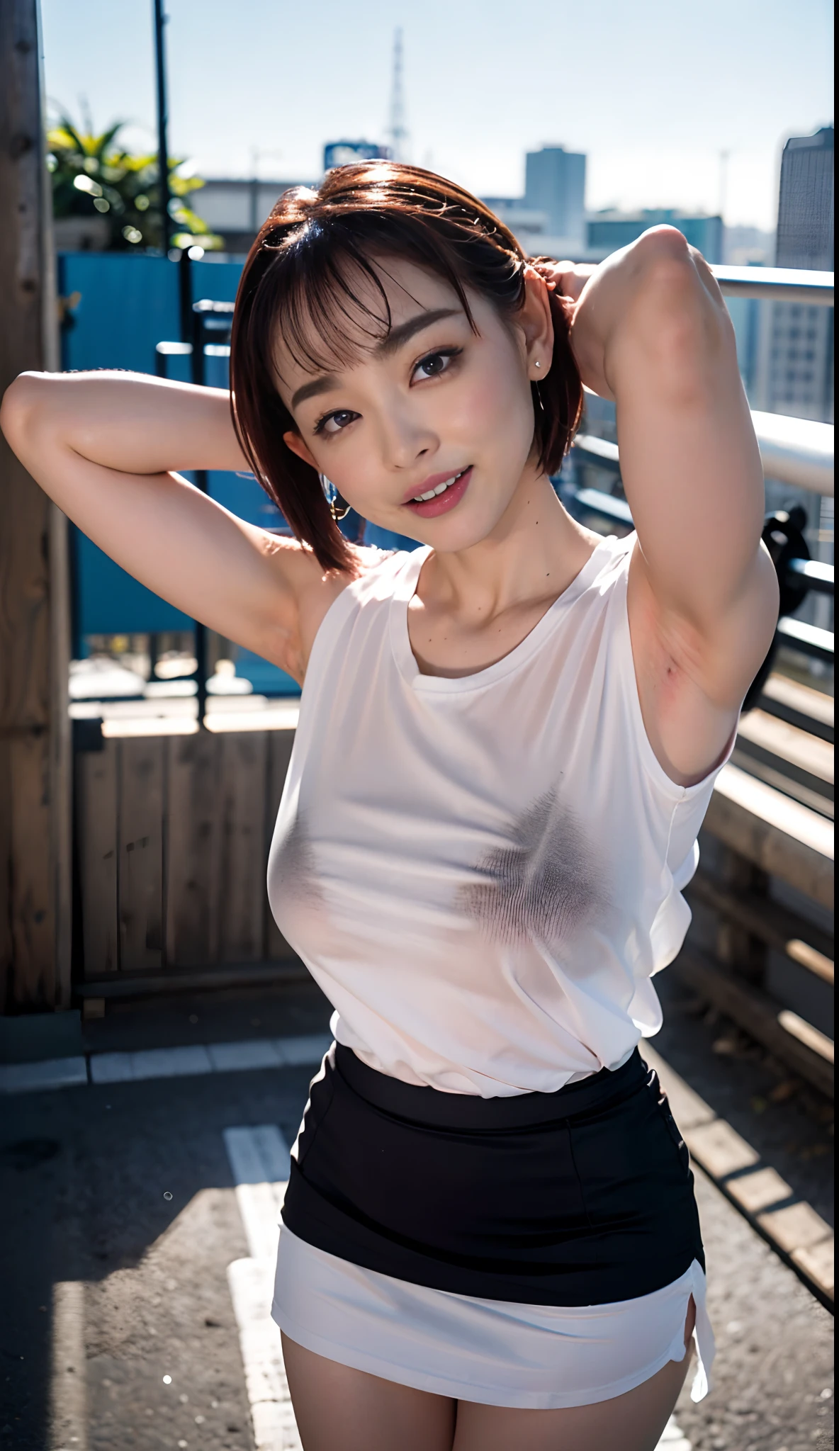 in 8K、超A high resolution、Best Quality、masutepiece (Large breasts、Colossal tits、cleavage of the breast:1.65)(Riders Jacket、Small white t-shirt in tight size、Black enamel tight skirt,with slit:1.4)(Keep a tight white t-shirt inside your skirt、kneehigh boots:1.55)(in a tokyo street:1.3) (Short-haired black hair:1.35)Smiling happily、Big eyes、Distinct double eyelids、Lashes、Highlights in the eyes、Light brown eyes、Pinclip Gloss、piercings、(Open your legs wide to the sides、Beautiful long legs)(Show the armpits、both hands behind head:1.3)
