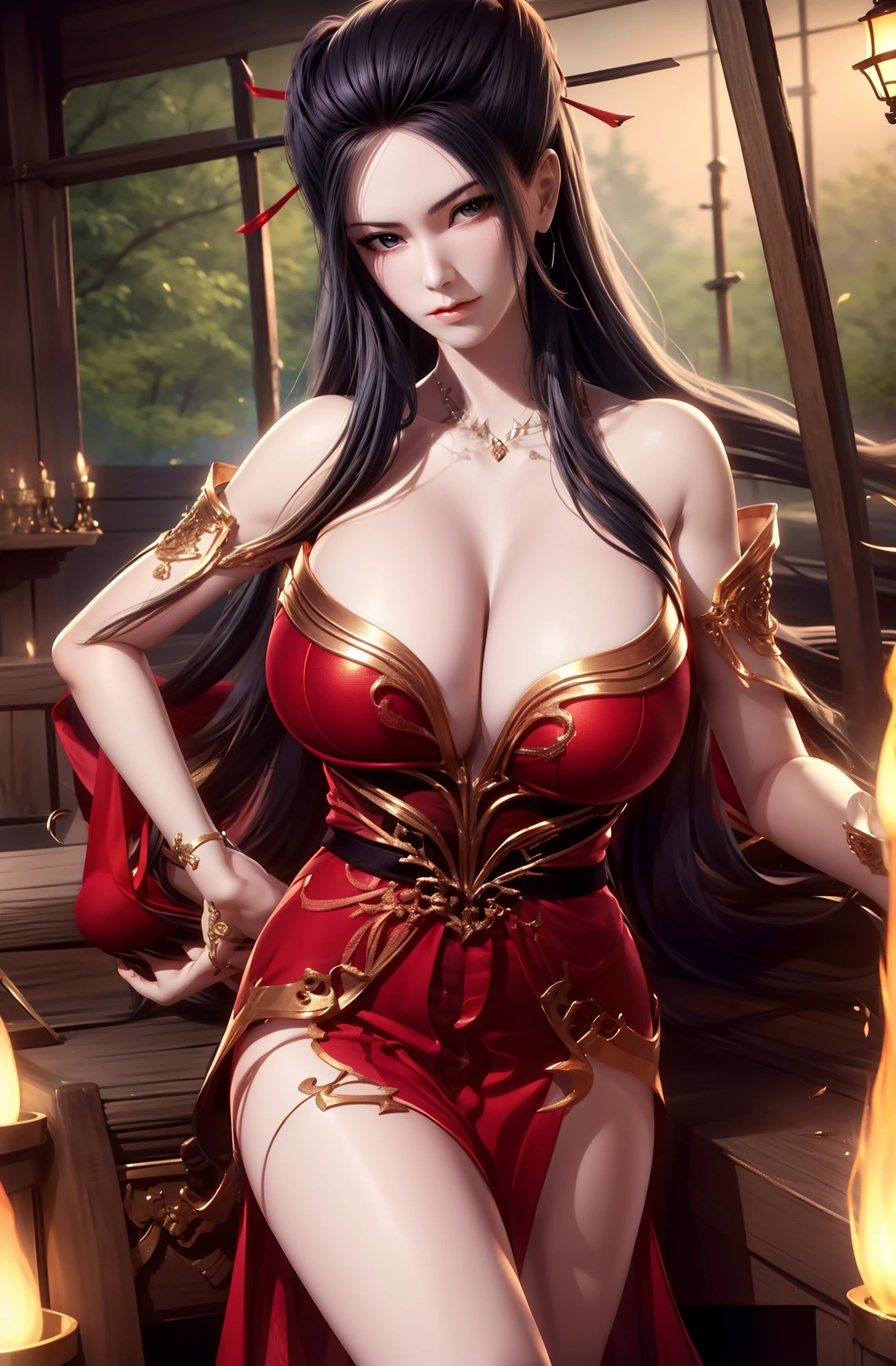 Unbeatable masterpiece，Ultra-realistic 8K CG，Perfect artwork，（（Perfect female image）），((Big breasts Thin waist))，looking at viewert，tempting pose，A sexy pose，Tempting，Clean，beauitful face，Pure face，paleskin，Absurdly long hair，Shiny skin，dent in the skin，delicate patterns，intricately details，opulent，luxury goods，1girll，独奏，exteriors，((huge tit))，Be red in the face，naghty face，leges，Realistis，dent in the skin，The tree，ln the forest，standing on your feet，ylj，Red dress，((exposed bare shoulders))，hair adornments,