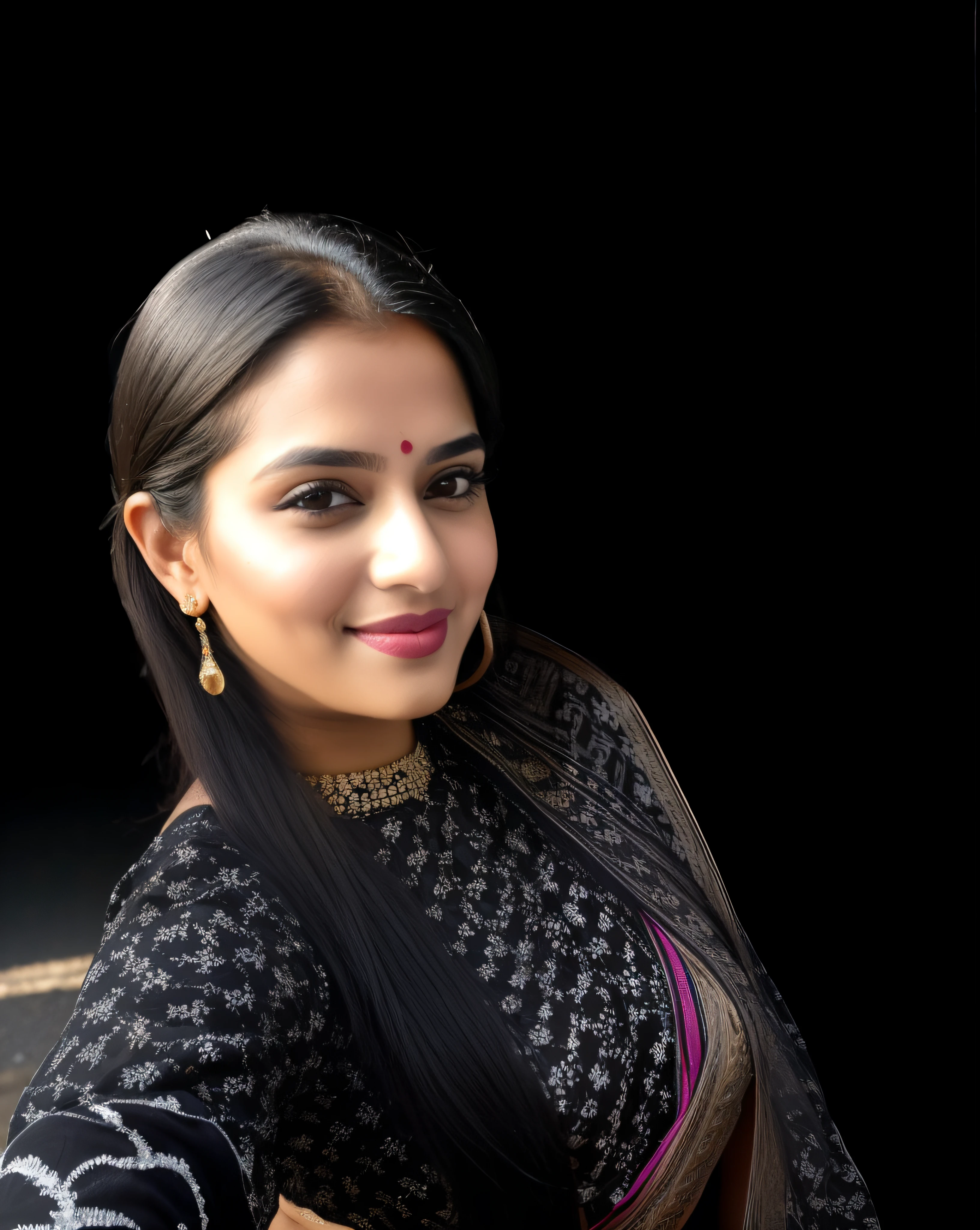 RAW photo, face portrait photo of beautiful 26 y.o woman, cute face, wearing black white sari, happy face, hard shadows, cinematic shot, dramatic lightin, big boobs, long hair, dramatic background, dark pink lips, sexy figure