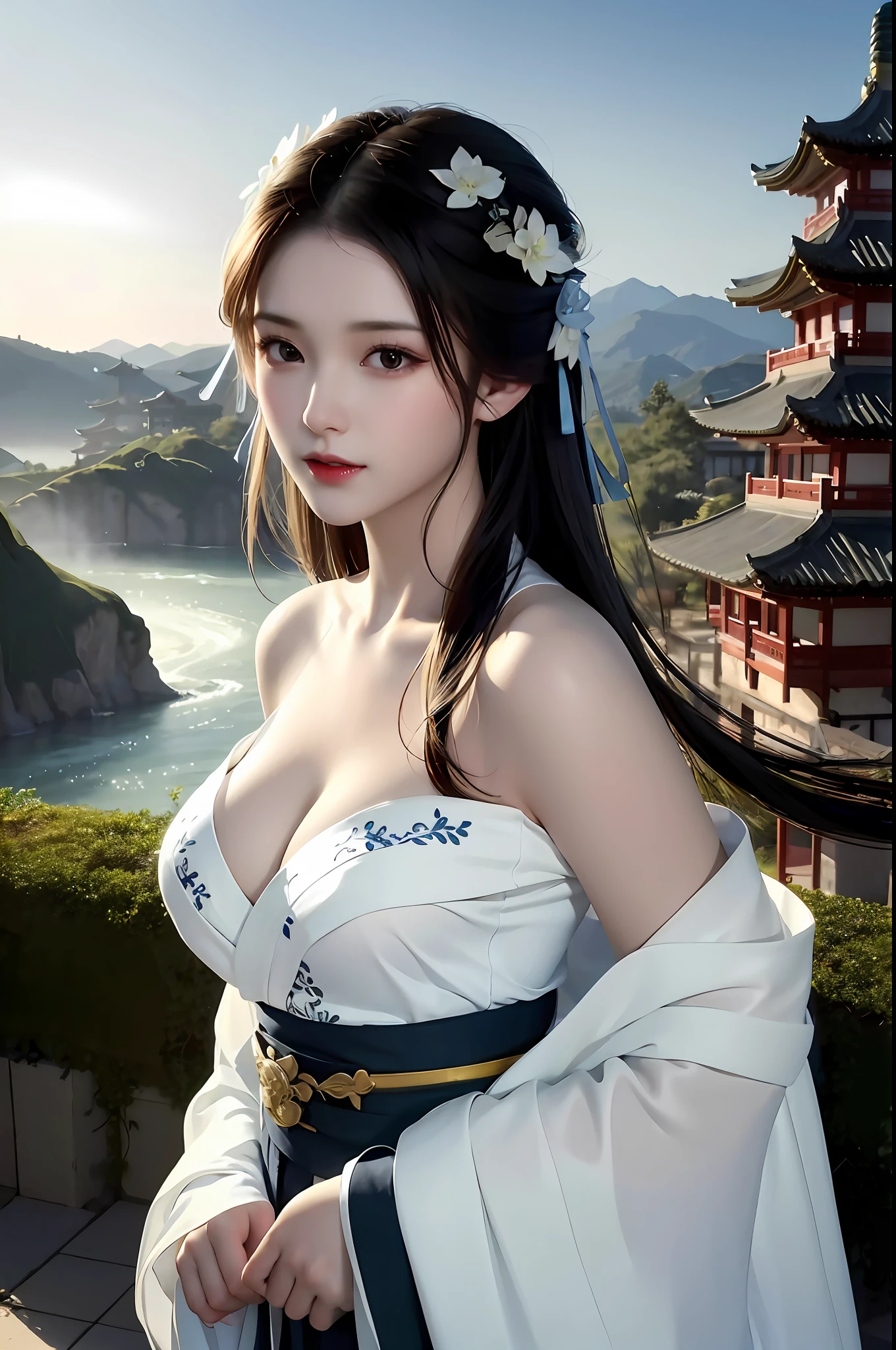 arafed asian woman in a blue and white dress posing for a picture, a beautiful fantasy empress, Palace , A girl in Hanfu, Japanese goddess, gorgeous chinese models, ((a beautiful fantasy empress)), beautiful fantasy maiden, White Hanfu, Beautiful teenage girl, beautiful and seductive anime woman, Ethereal beauty, Beautiful goddess, Chinese fantasy, Traditional beauty, Oriental fantasy