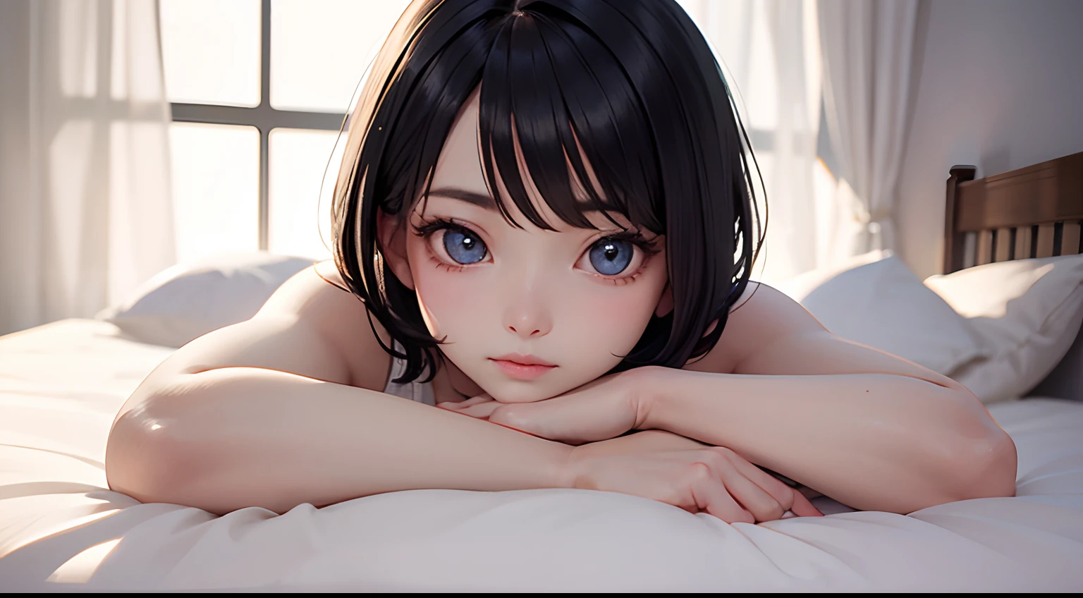 a beautiful girl in a bedroom, 1 girl, black hair, beautiful figure, blushing cheeks, surprised expression, blue eyes, evenly spaced bangs, full body shot, sitting on bed, night, lamp lit, (best quality, 4k, 8k, highres, masterpiece:1.2), ultra-detailed, (realistic, photorealistic, photo-realistic:1.37), digital painting, soft lighting, warm colors, cozy atmosphere