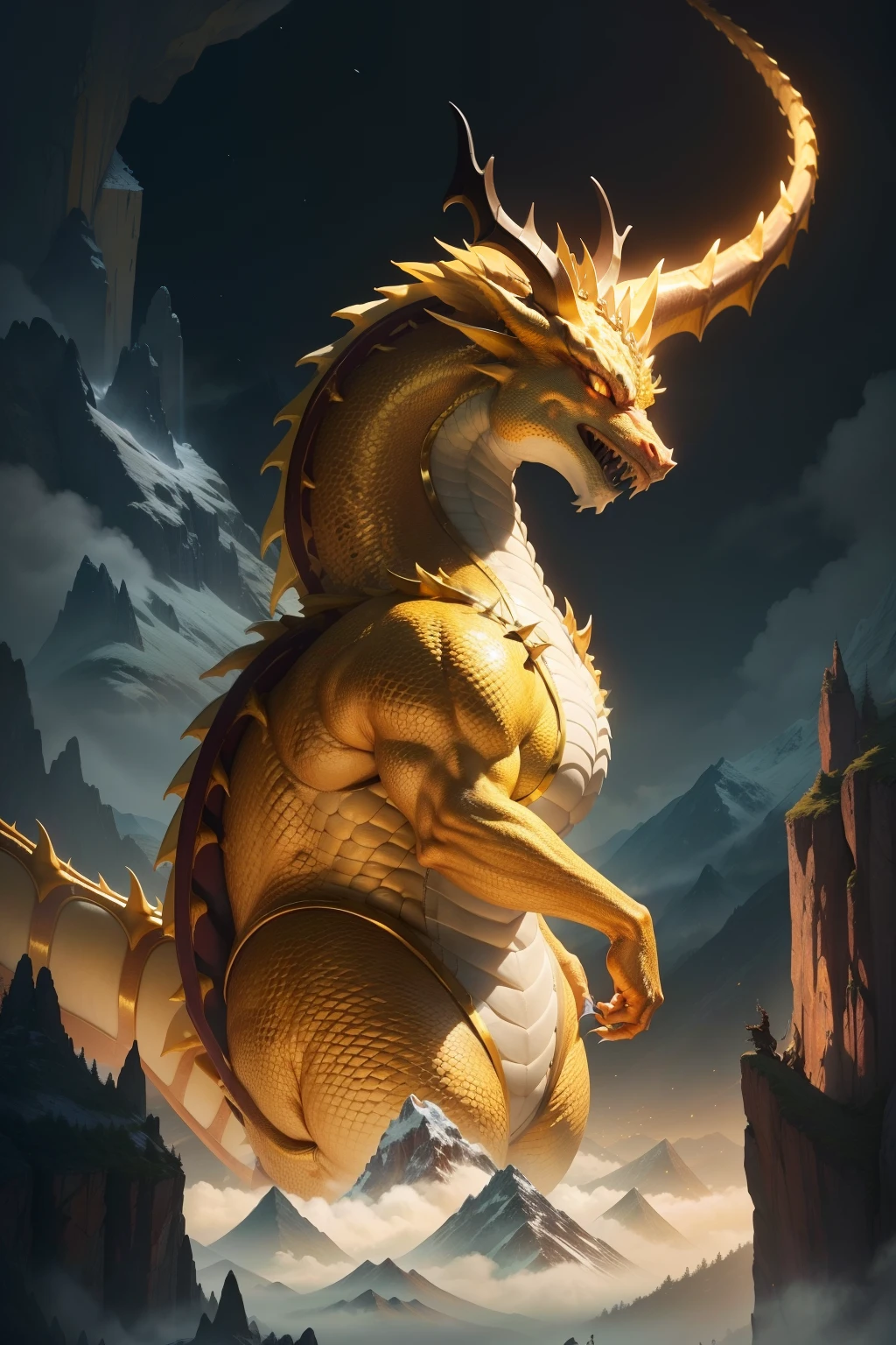 The dragon lies on a towering mountain,The huge body is a bit small,Lined on top of the mountain,Golden-yellow scales,Double horns on the head,Majestic body,Tightens streamlined muscles。Huge wings on the back,There are sharp teeth in the mouth,Thick and powerful limbs,It's all about it