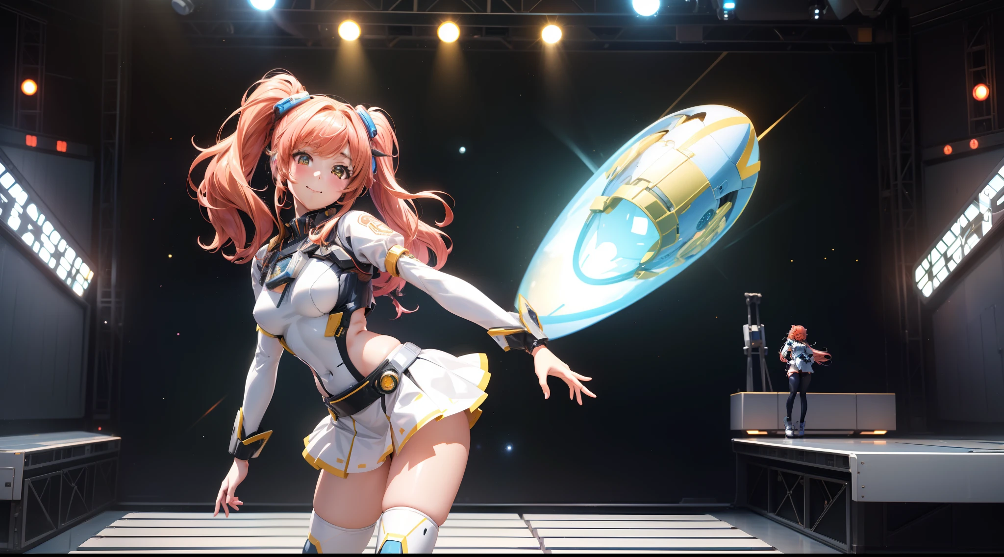Anime-style illustration、Live scene of school idols、(((Cute beautiful girl is posing vividly on futuristic stage)))、SFAn idol costume that fits the body like a spacesuit that appears in anime。a miniskirt、Colorless transparent panties、A mechanical future stage floating in outer space、Archaic Smile