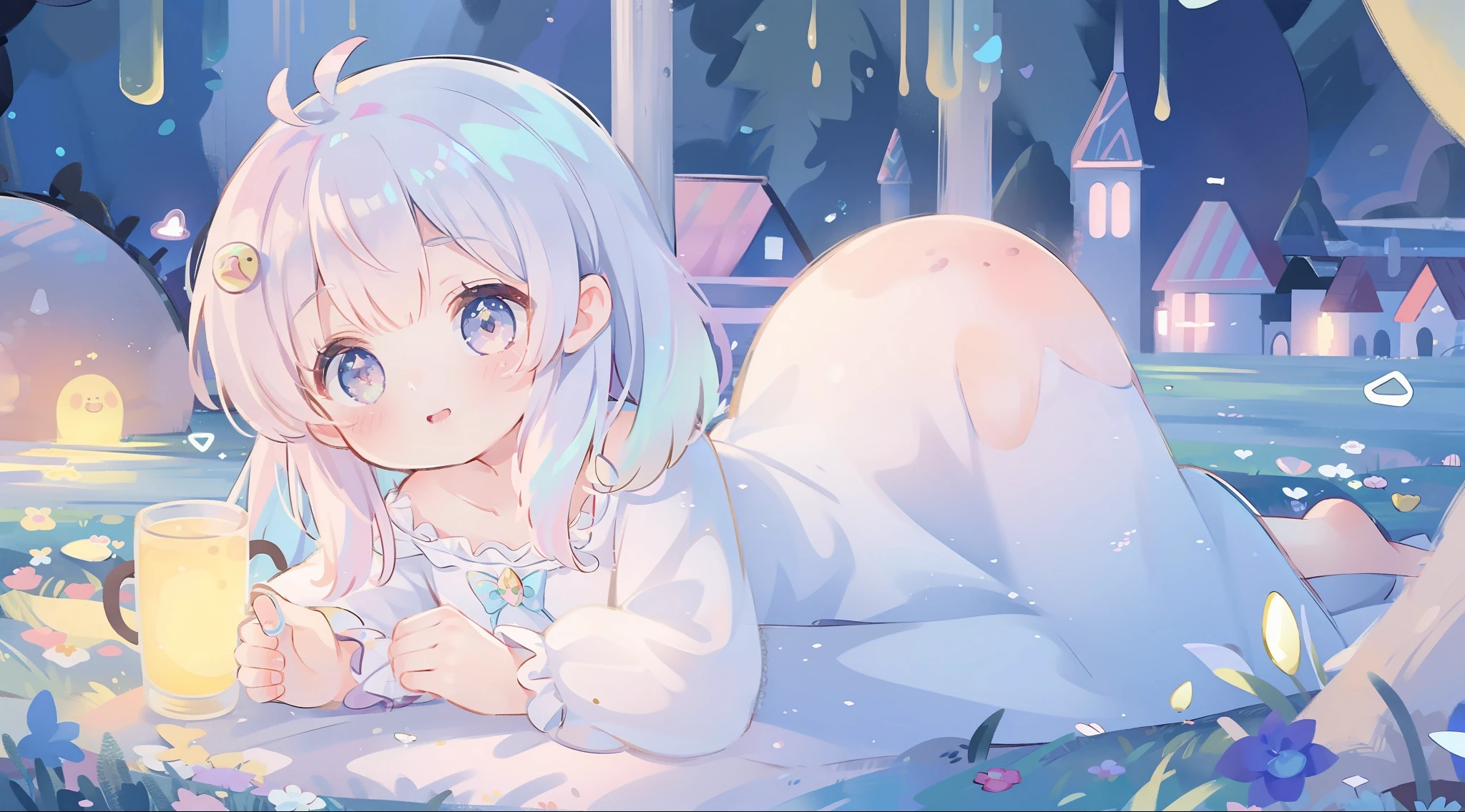 masterpiece, best quality, 8k resolution, sharp focus, intricate detail, beautiful girl, sparkling eyes, golden ratio face, otherworldly liquid, watercolor, ((pastel colors)), bright colors, whimsical, colorful, sharp focus, high resolution, fine detail, princess fantasy ballgown, ((round eyes)), iridescent bubbles, castle landscape in background