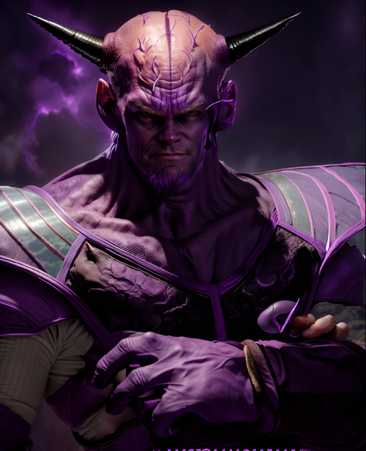 Jim Carrey cast as a purple bald alien with purple skin and big black horns, big bald veiny brain, sayan armor