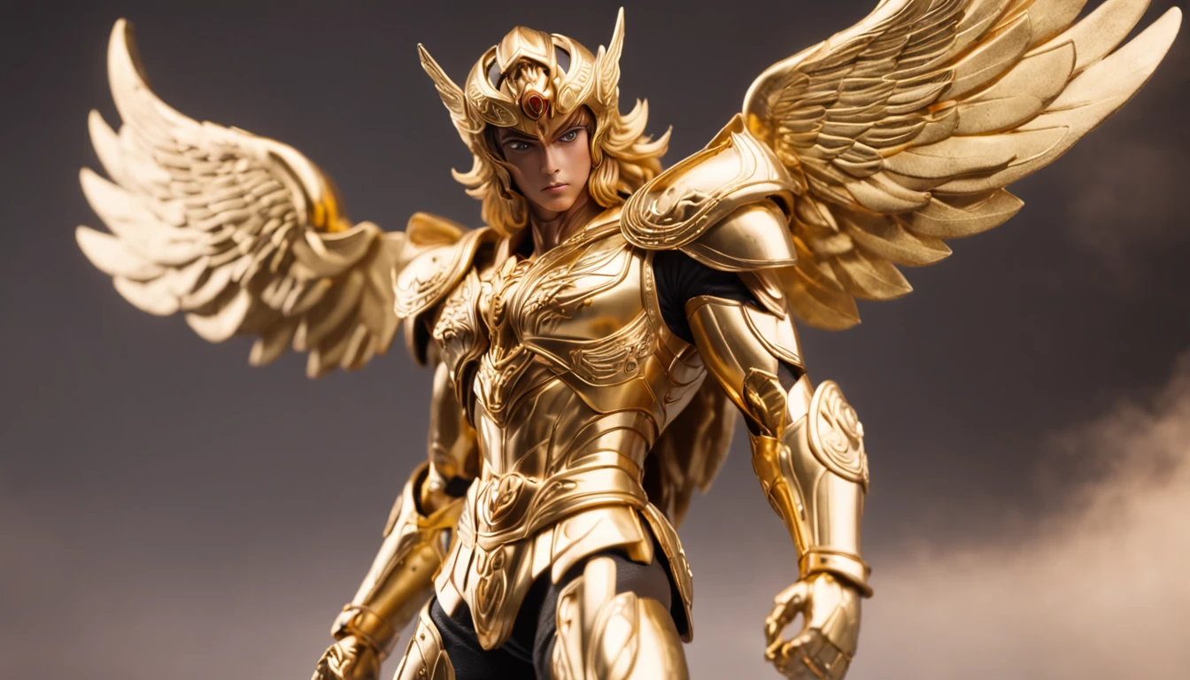 Golden Saint Seiya with golden light，Warrior among warriors，Endured hardships on the battlefield。Dressed in gorgeous gold armor，Beautifully furnished，Show a heroic gesture that is fierce。Lines are clearly visible on the muscular body，Demonstrate perseverance。Mysterious runes and strange lights pervaded the surroundings。