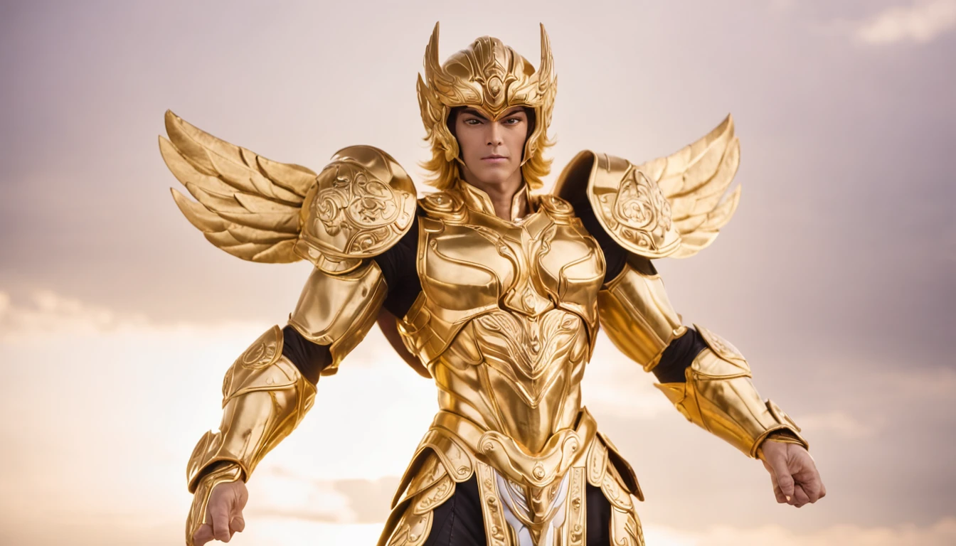 Golden Saint Seiya with golden light，Warrior among warriors，Endured hardships on the battlefield。Dressed in gorgeous gold armor，Beautifully furnished，Show a heroic gesture that is fierce。Lines are clearly visible on the muscular body，Demonstrate perseverance。Mysterious runes and strange lights pervaded the surroundings。