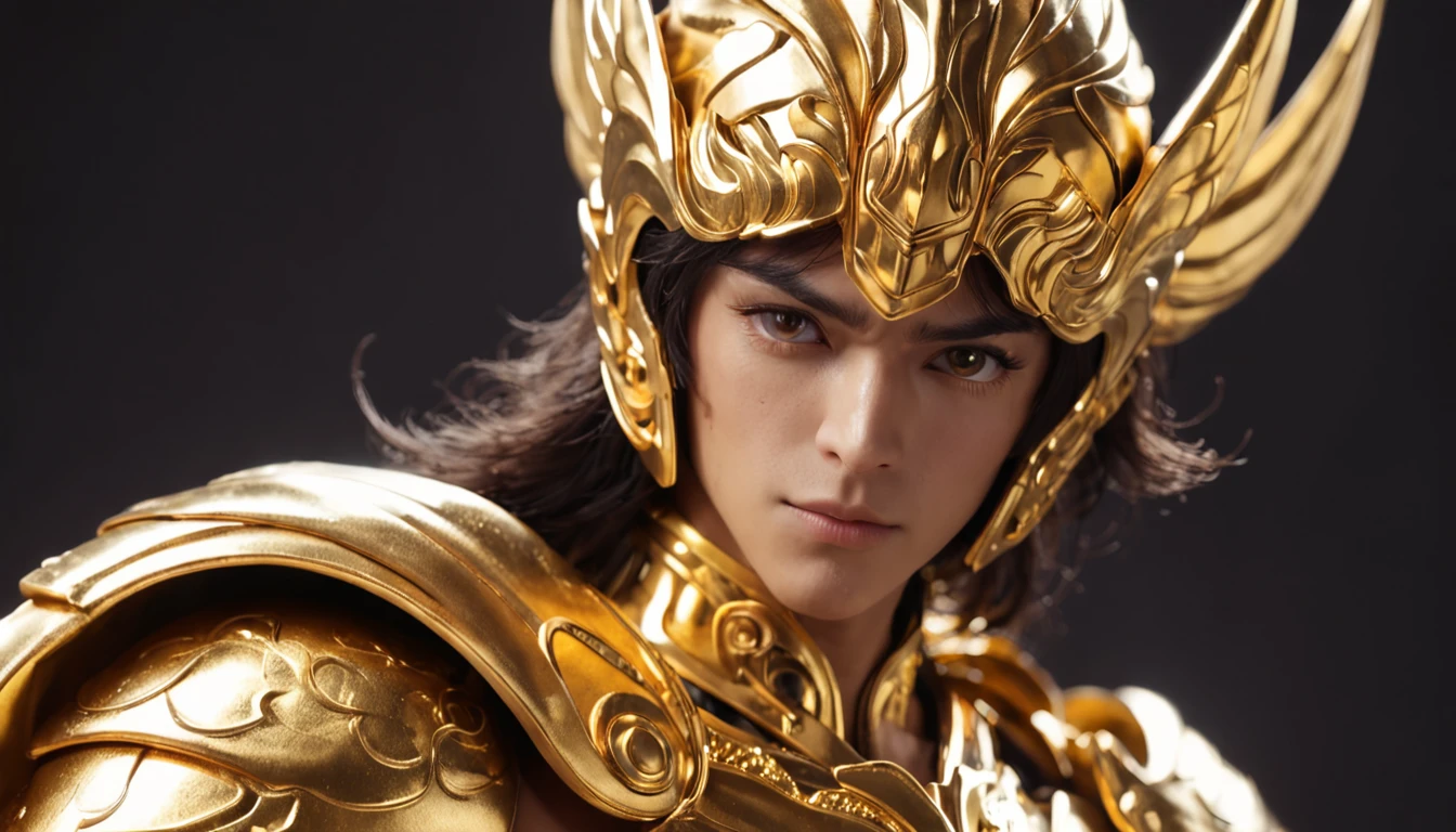 Golden Saint Seiya with golden light,Warrior among warriors,Endured hardships on the battlefield。Dressed in gorgeous gold armor,Beautifully furnished,Show a heroic gesture that is fierce。Lines are clearly visible on the muscular body,Demonstrate perseverance。Mysterious runes and strange lights pervaded the surroundings。