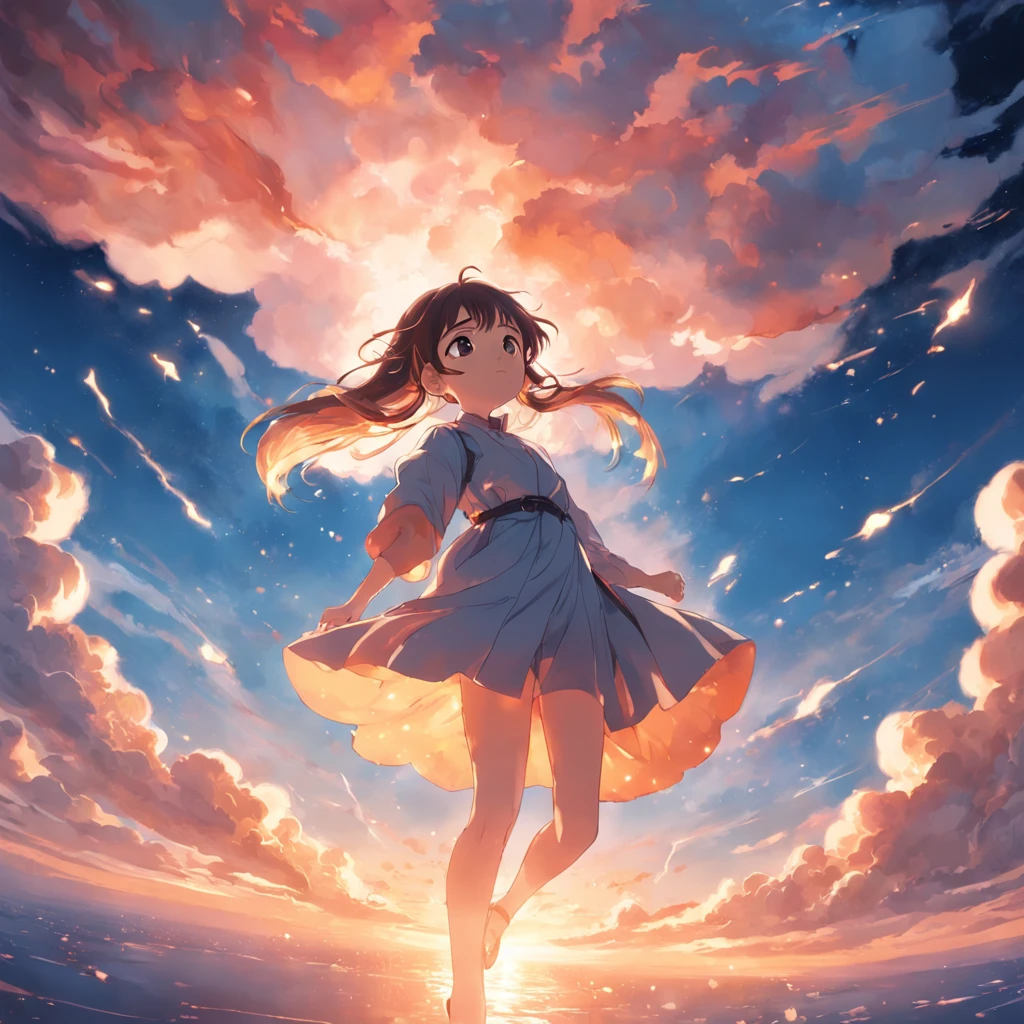 masterpiece, best quality, movie still, 1girl, cloud girl, floating in the sky, close-up, bright, happy, warm soft lighting, sunset, (sparks:0.7)