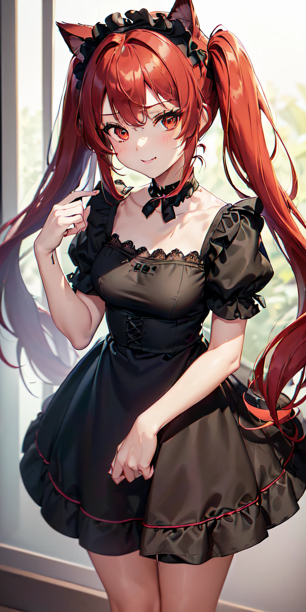 (((Filled anime,Two-dimensional illustration, (red hair with half twin tail), (3/4 eyes), a smile, an 18-year-old girl, cute symmetrical face, black cat ears, red eyes, (Clothes with ruffles, Black lace clothing), Inside Color Green, A girl, full body, A masterpiece of 2D art, (masterpiece,Top image quality:1.3),(Details:1.2),(1 girl in), Totally black maid clothes, dark night)))