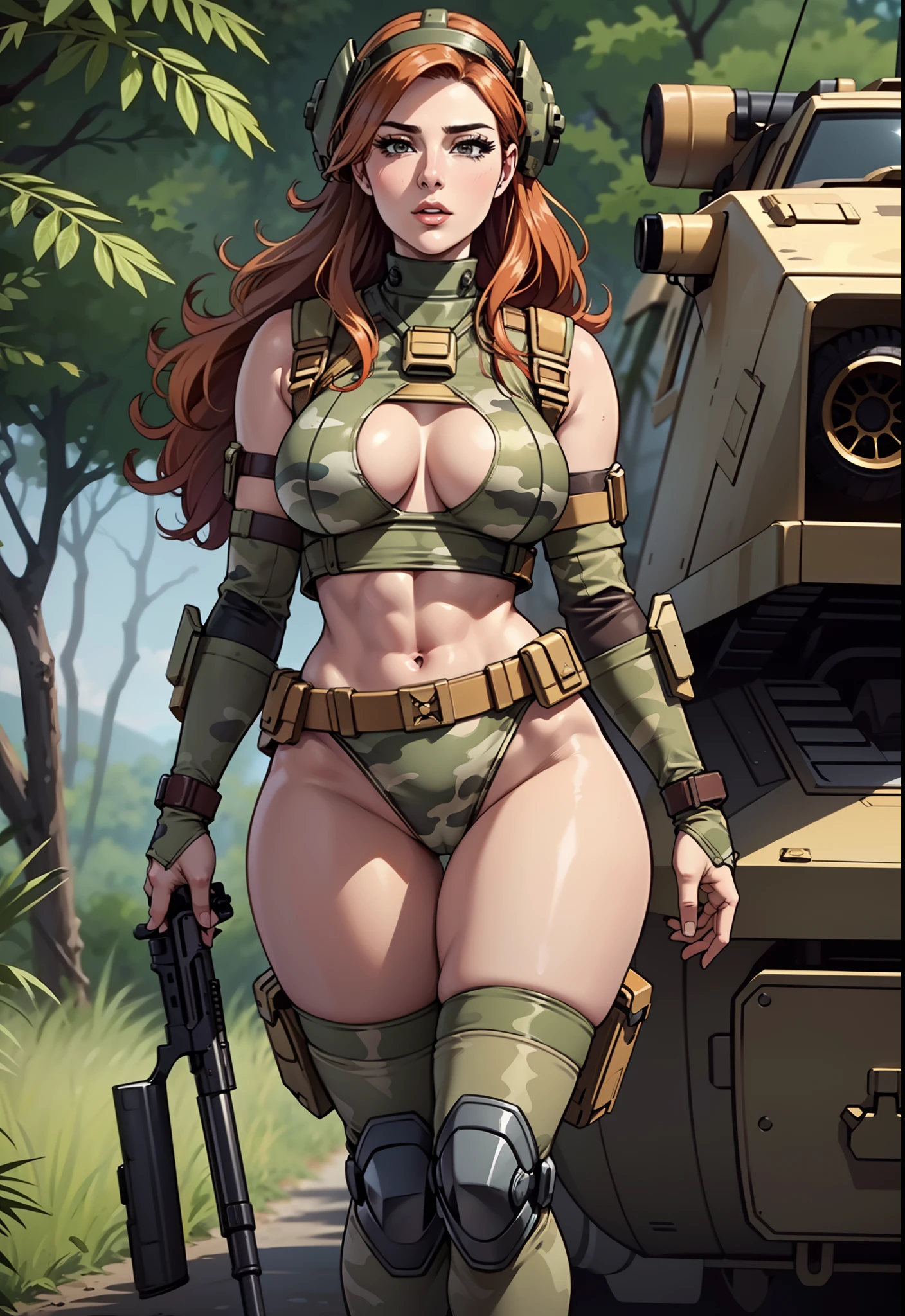 woman 20 years, sculptural, military, wearing war helmet, beautiful, perfect body, blonde, realistic, red hair, perfect body, costume of predominantly orange color, thin waist, full outfit, wide hips, large breasts, thick thighs, jungle background, armored vehicle, flying fighters, military robot dog, gulf war style costume, full, camouflaged uniform, wealth of details, tight panties marking on the front,  golden hair, full body, shaded, head to toe, gun in holster,