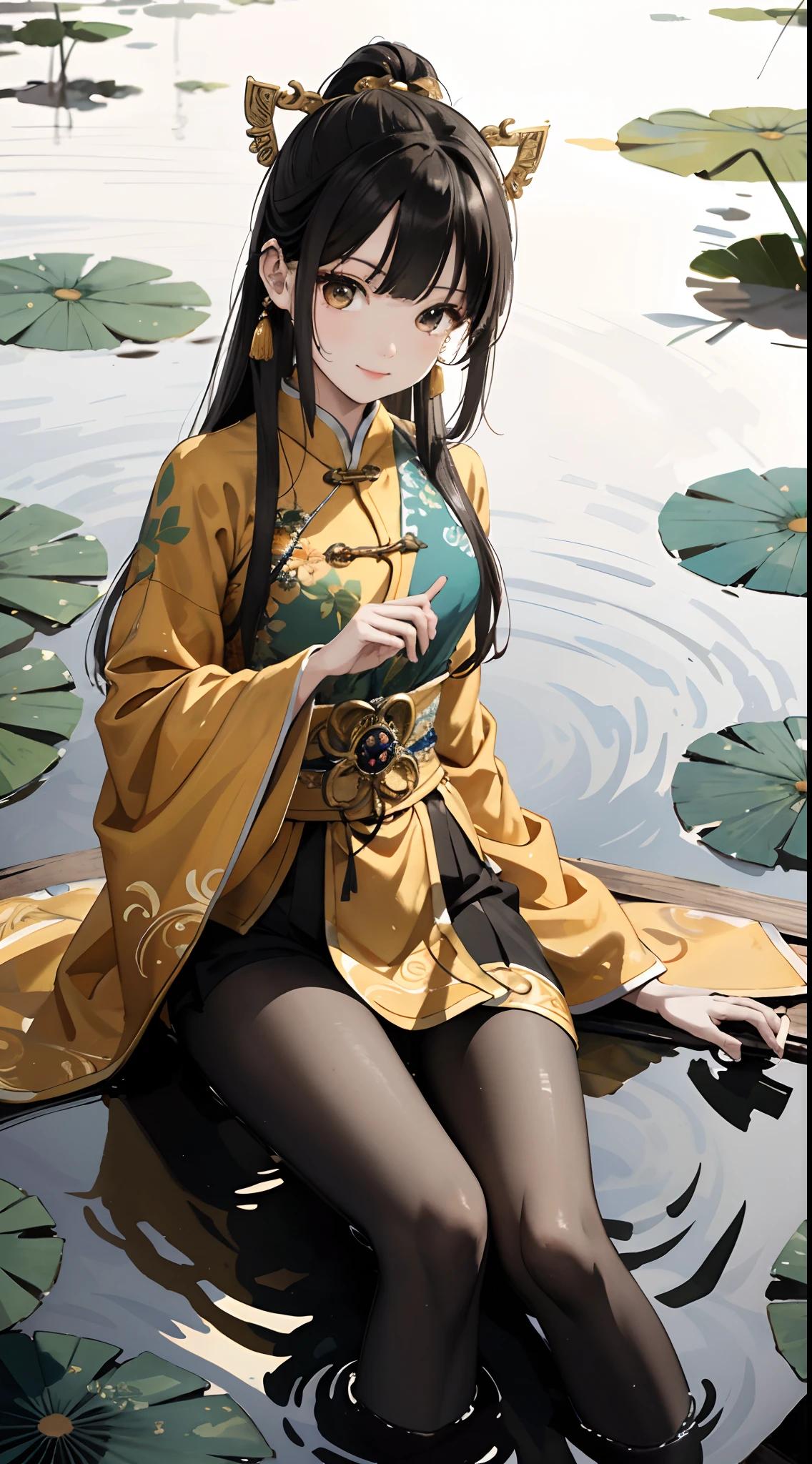 hoang lap,8K high resolution,ultra - detailed,(1girll:1.3),handpainted,Simple lines,16-year-old girl wearing golden Chinese clothes and black pantyhose,beuaty girl,In the lotus pond,tmasterpiece,Sit on a plank floating in the water,Floating hair,looking toward the viewer,ssmile,posed for photo,