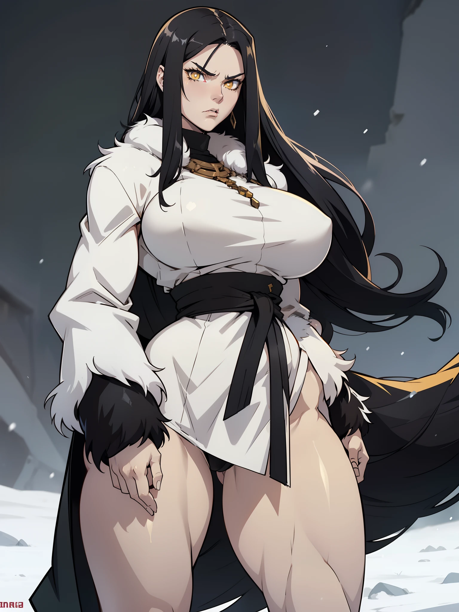 (1girl), black hair, extremely long hair, yellow eyes, (((muscular))), huge breasts, thick thighs, solo, angry, (pale skin), cowboy shot, (fur trim coat), snow