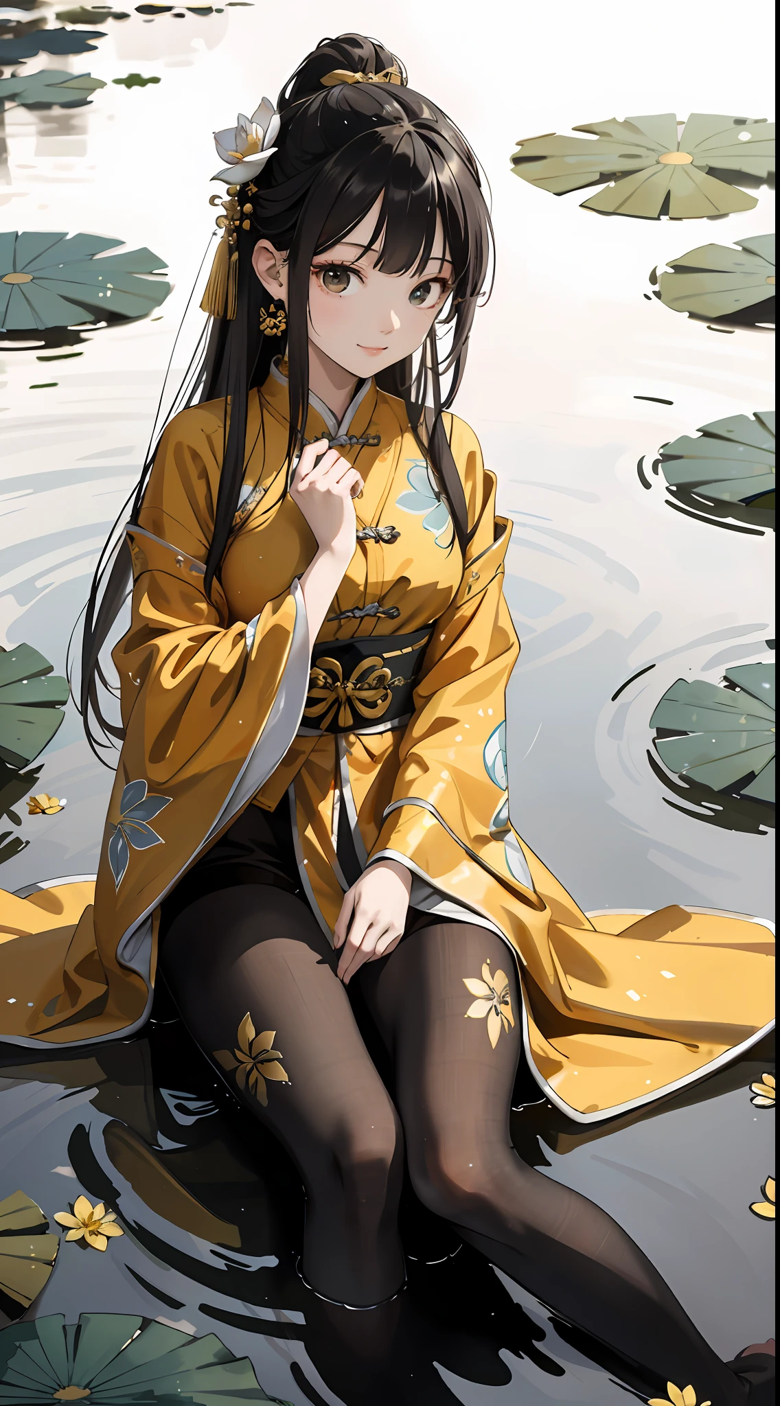 hoang lap,8K high resolution,ultra - detailed,(1girll:1.3),handpainted,Simple lines,-yeld giwearing golden Chinese clothes and black pantyhose,beuaty girl,In the lotus pond,tmasterpiece,Sit on a plank floating in the water,Floating hair,looking toward the viewer,ssmile,posed for photo,